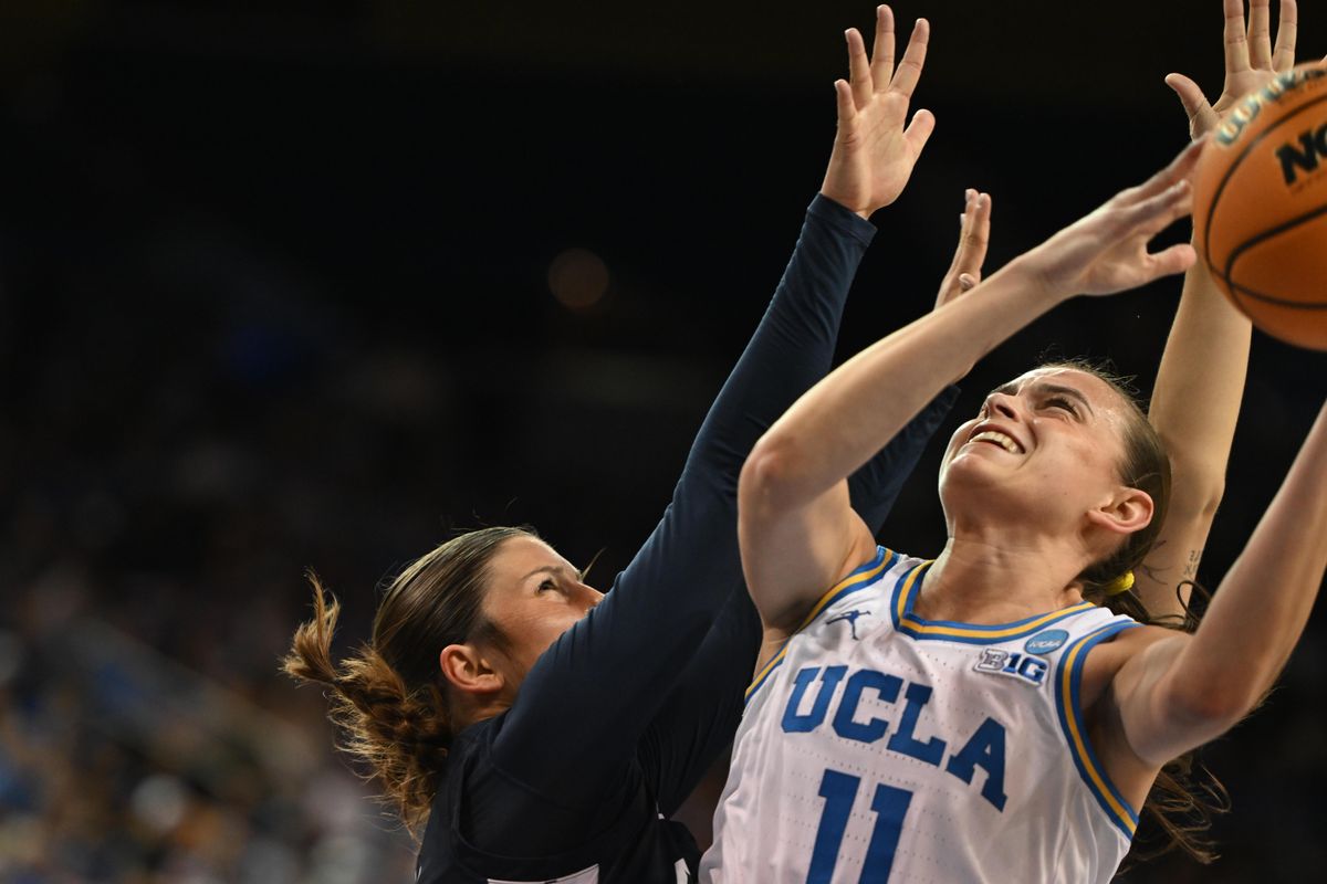 UCLA guard Gabriela Jaquez #11 drives hard to the basket during an NCAA Women's Basketball game between California Baptist University and University of California Los Angeles on Saturday, March 21, 2026 at Pauley Pavilion in Los Angeles Calif UCLA guard Gabriela Jaquez #11 drives hard to the basket during an NCAA Women's Basketball game between California Baptist University and University of California Los Angeles on Saturday, March 21, 2026 at Pauley Pavilion in Los Angeles Calif