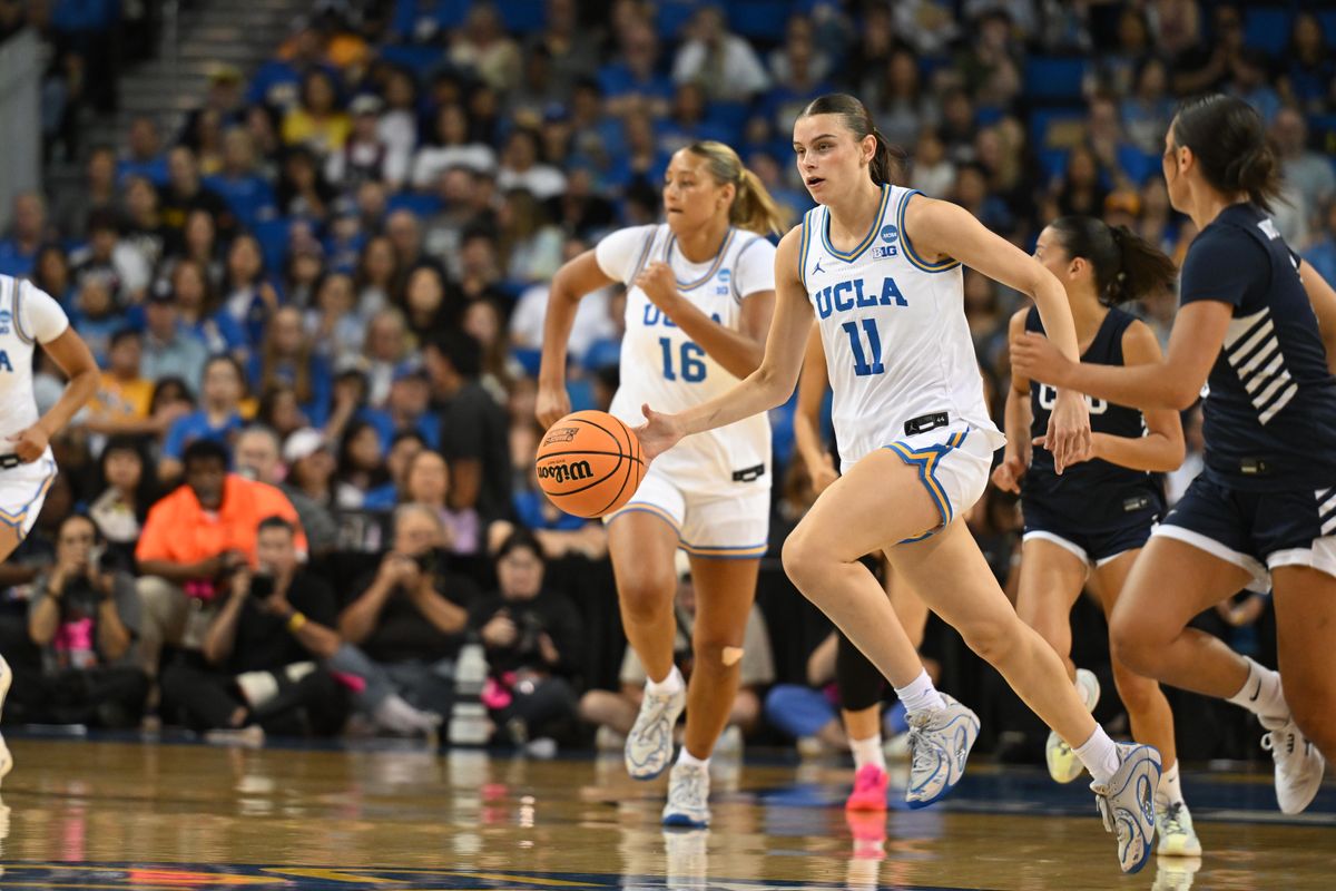 UCLA guard Gabriela Jaquez #11 brings the ball down court during a fast break during an NCAA Women's Basketball game between California Baptist University and University of California Los Angeles on Saturday, March 21, 2026 at Pauley Pavilion in Los Angeles Calif UCLA guard Gabriela Jaquez #11 brings the ball down court during a fast break during an NCAA Women's Basketball game between California Baptist University and University of California Los Angeles on Saturday, March 21, 2026 at Pauley Pavilion in Los Angeles Calif