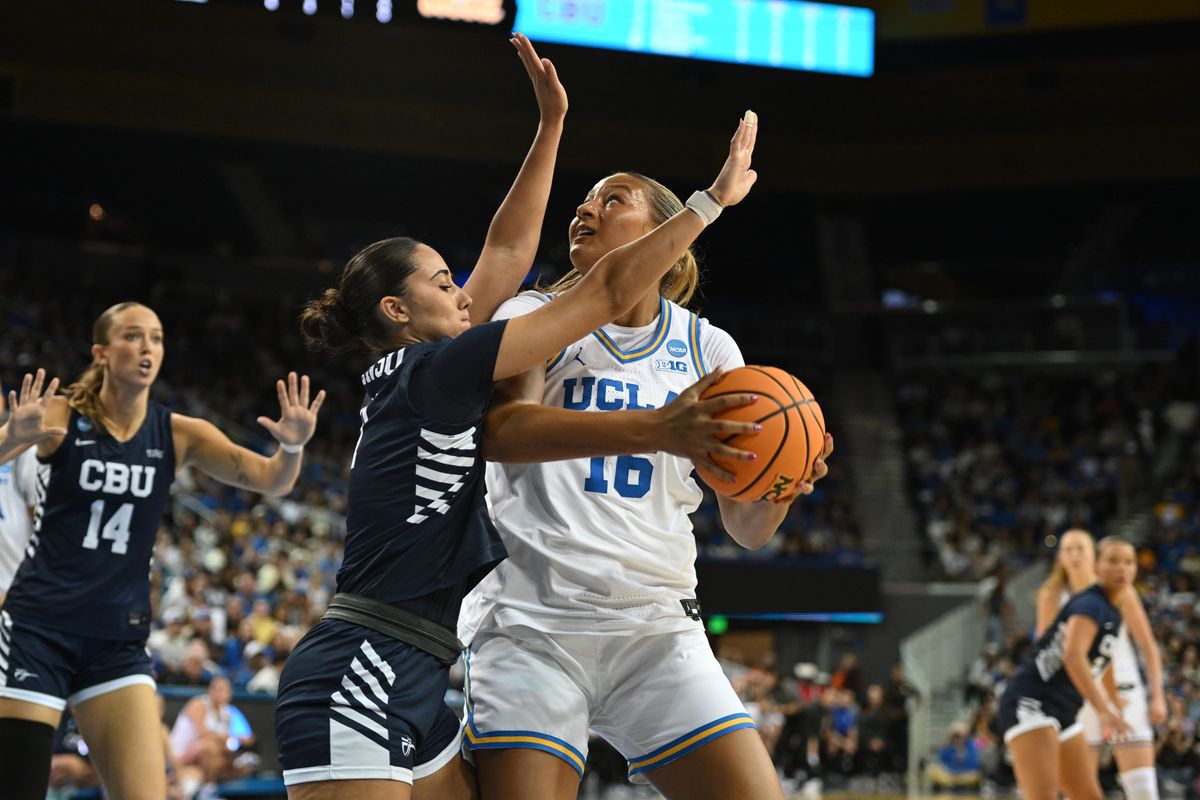 UCLA forward Sienna Betts #16 makes a move to the basket during a fast break during an NCAA Women's Basketball game between California Baptist University and University of California Los Angeles on Saturday, March 21, 2026 at Pauley Pavilion in Los Angeles Calif UCLA forward Sienna Betts #16 makes a move to the basket during a fast break during an NCAA Women's Basketball game between California Baptist University and University of California Los Angeles on Saturday, March 21, 2026 at Pauley Pavilion in Los Angeles Calif