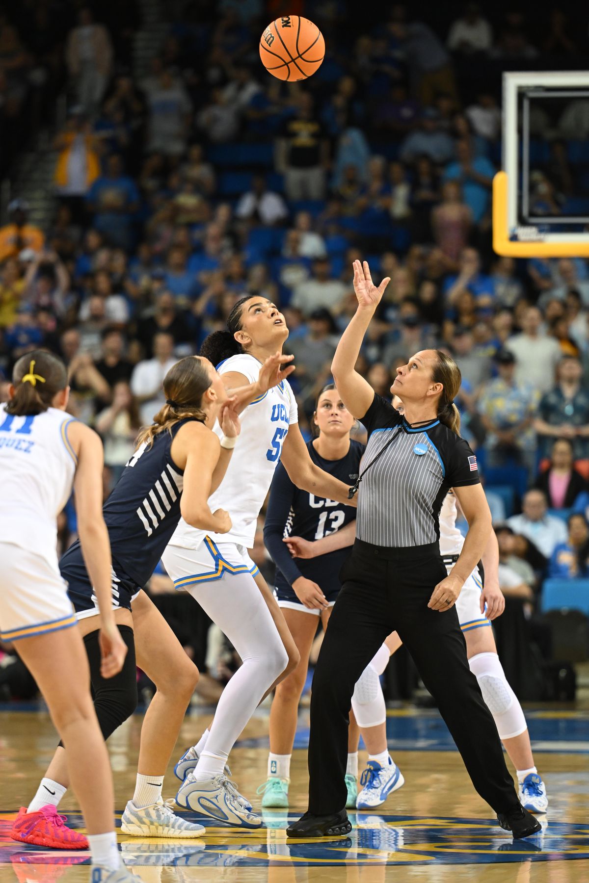 UCLA center Lauren Betts #51 eyes the ball during an NCAA Women's Basketball game between California Baptist University and University of California Los Angeles on Saturday, March 21, 2026 at Pauley Pavilion in Los Angeles Calif UCLA center Lauren Betts #51 eyes the ball during an NCAA Women's Basketball game between California Baptist University and University of California Los Angeles on Saturday, March 21, 2026 at Pauley Pavilion in Los Angeles Calif