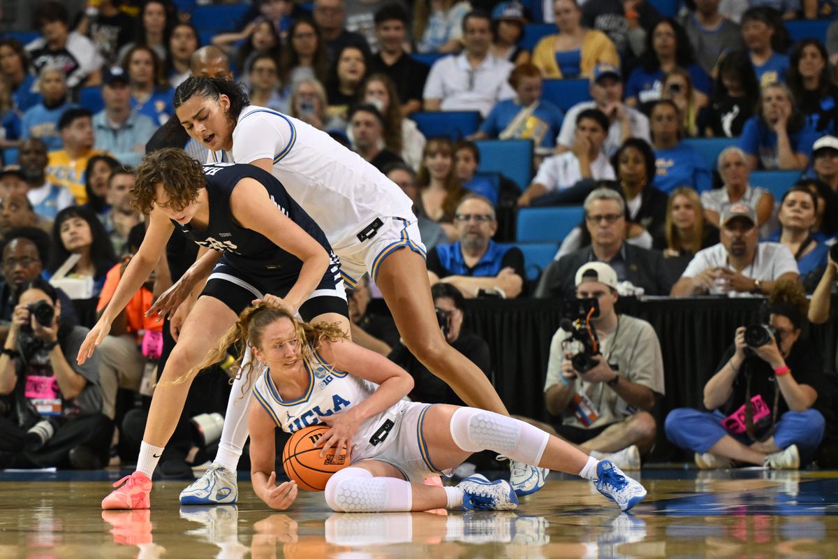 UCLA guard Gianna Kneepkens #8 dives for the loose ball during an NCAA Women's Basketball game between California Baptist University and University of California Los Angeles on Saturday, March 21, 2026 at Pauley Pavilion in Los Angeles Calif UCLA guard Gianna Kneepkens #8 dives for the loose ball during an NCAA Women's Basketball game between California Baptist University and University of California Los Angeles on Saturday, March 21, 2026 at Pauley Pavilion in Los Angeles Calif