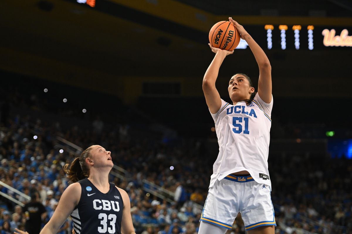 UCLA center Lauren Betts #51 takes a shot in the paint during an NCAA Women's Basketball game between California Baptist University and University of California Los Angeles on Saturday, March 21, 2026 at Pauley Pavilion in Los Angeles Calif UCLA center Lauren Betts #51 takes a shot in the paint during an NCAA Women's Basketball game between California Baptist University and University of California Los Angeles on Saturday, March 21, 2026 at Pauley Pavilion in Los Angeles Calif