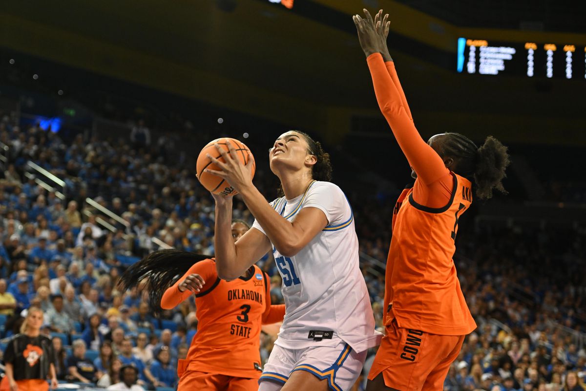 UCLA center Lauren Betts #51 makes a move in the paint during an NCAA Women's Basketball game between Oklahoma State University and University of California Los Angeles on Monday, March 23, 2026 at Pauley Pavilion in Los Angeles Calif UCLA center Lauren Betts #51 makes a move in the paint during an NCAA Women's Basketball game between Oklahoma State University and University of California Los Angeles on Monday, March 23, 2026 at Pauley Pavilion in Los Angeles Calif
