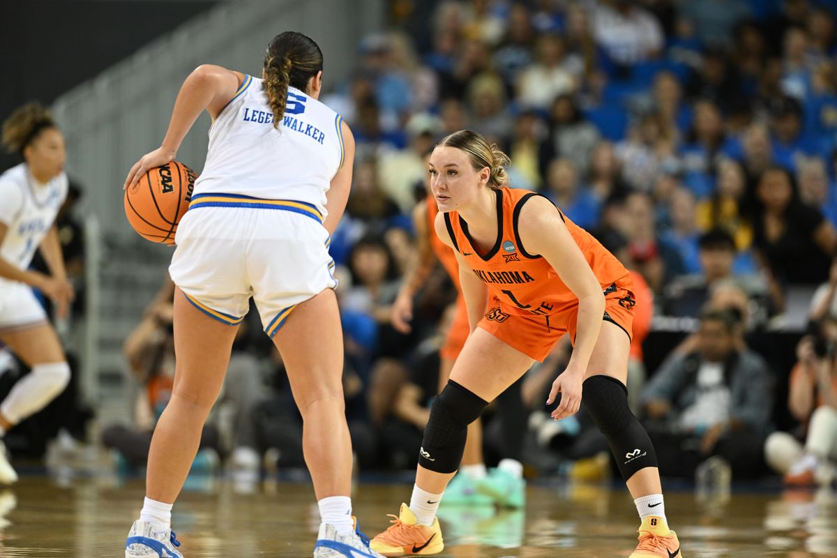 Oklahoma State guard Amari Whiting #1 locks in on defense during an NCAA Women's Basketball game between Oklahoma State University and University of California Los Angeles on Monday, March 23, 2026 at Pauley Pavilion in Los Angeles Calif Oklahoma State guard Amari Whiting #1 locks in on defense during an NCAA Women's Basketball game between Oklahoma State University and University of California Los Angeles on Monday, March 23, 2026 at Pauley Pavilion in Los Angeles Calif