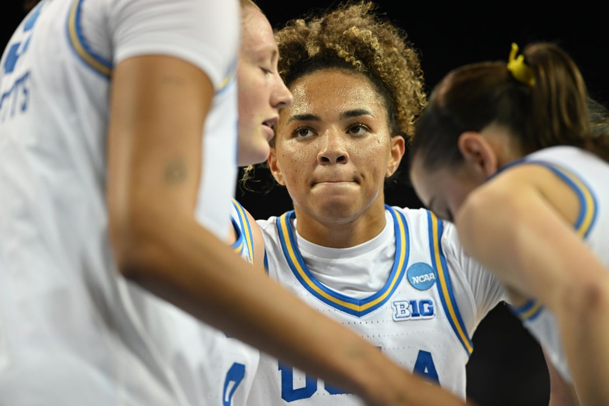 UCLA guard Kiki Rice #1 huddles with teammates during an NCAA Women's Basketball game between Oklahoma State University and University of California Los Angeles on Monday, March 23, 2026 at Pauley Pavilion in Los Angeles Calif UCLA guard Kiki Rice #1 huddles with teammates during an NCAA Women's Basketball game between Oklahoma State University and University of California Los Angeles on Monday, March 23, 2026 at Pauley Pavilion in Los Angeles Calif