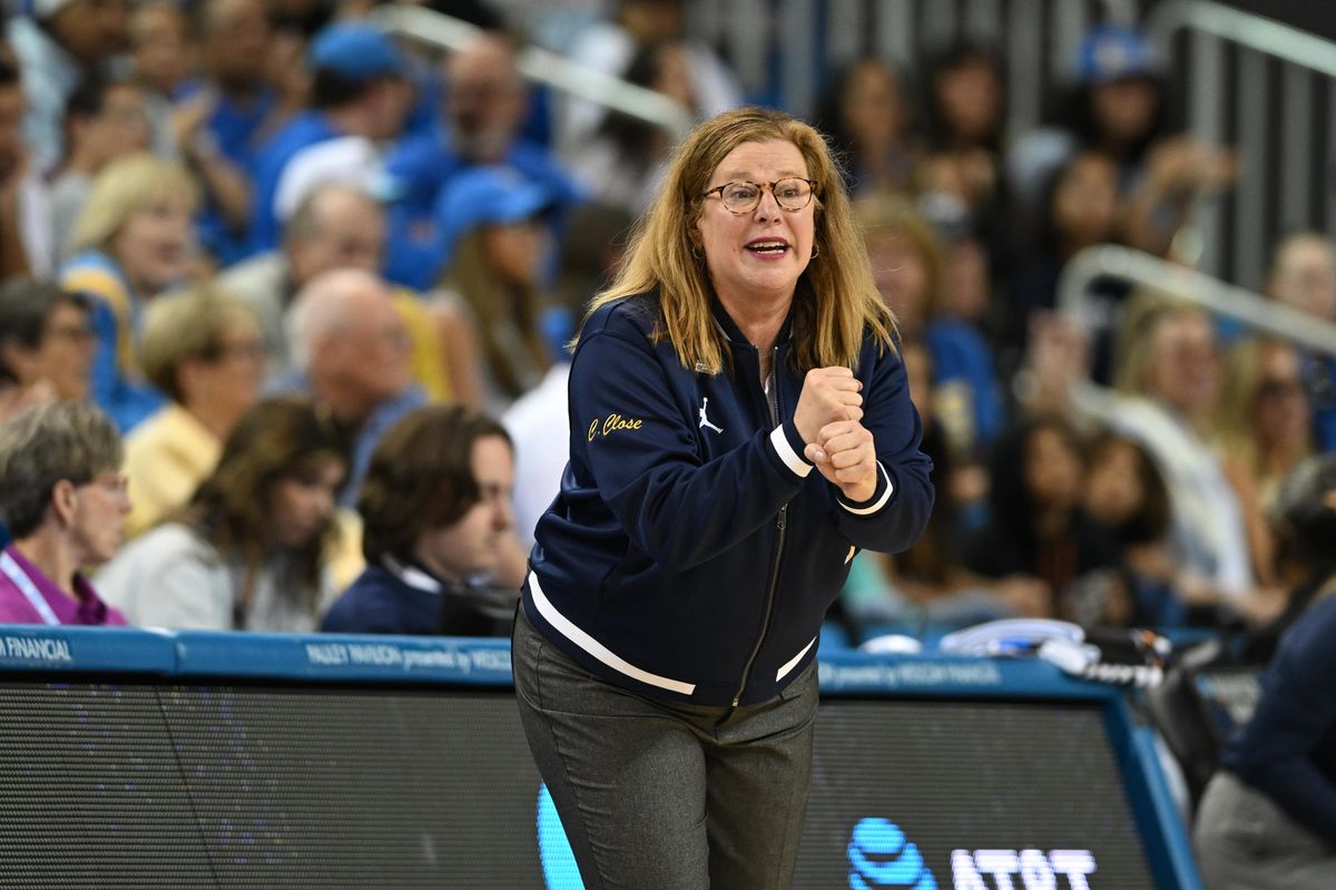 UCLA head coach Cori Close communicates with her players during an NCAA Women's Basketball game between Oklahoma State University and University of California Los Angeles on Monday, March 23, 2026 at Pauley Pavilion in Los Angeles Calif UCLA head coach Cori Close communicates with her players during an NCAA Women's Basketball game between Oklahoma State University and University of California Los Angeles on Monday, March 23, 2026 at Pauley Pavilion in Los Angeles Calif