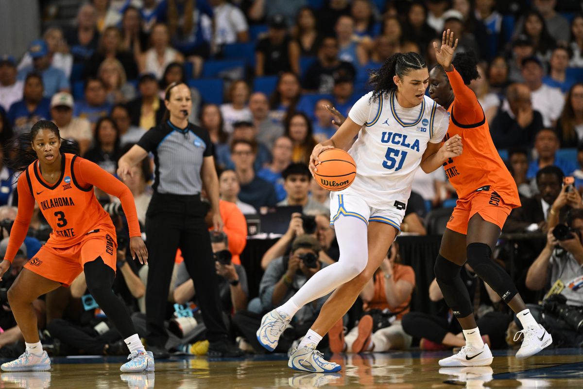 UCLA center Lauren Betts #51 makes a post-up move in the paint during an NCAA Women's Basketball game between Oklahoma State University and University of California Los Angeles on Monday, March 23, 2026 at Pauley Pavilion in Los Angeles Calif UCLA center Lauren Betts #51 makes a post-up move in the paint during an NCAA Women's Basketball game between Oklahoma State University and University of California Los Angeles on Monday, March 23, 2026 at Pauley Pavilion in Los Angeles Calif