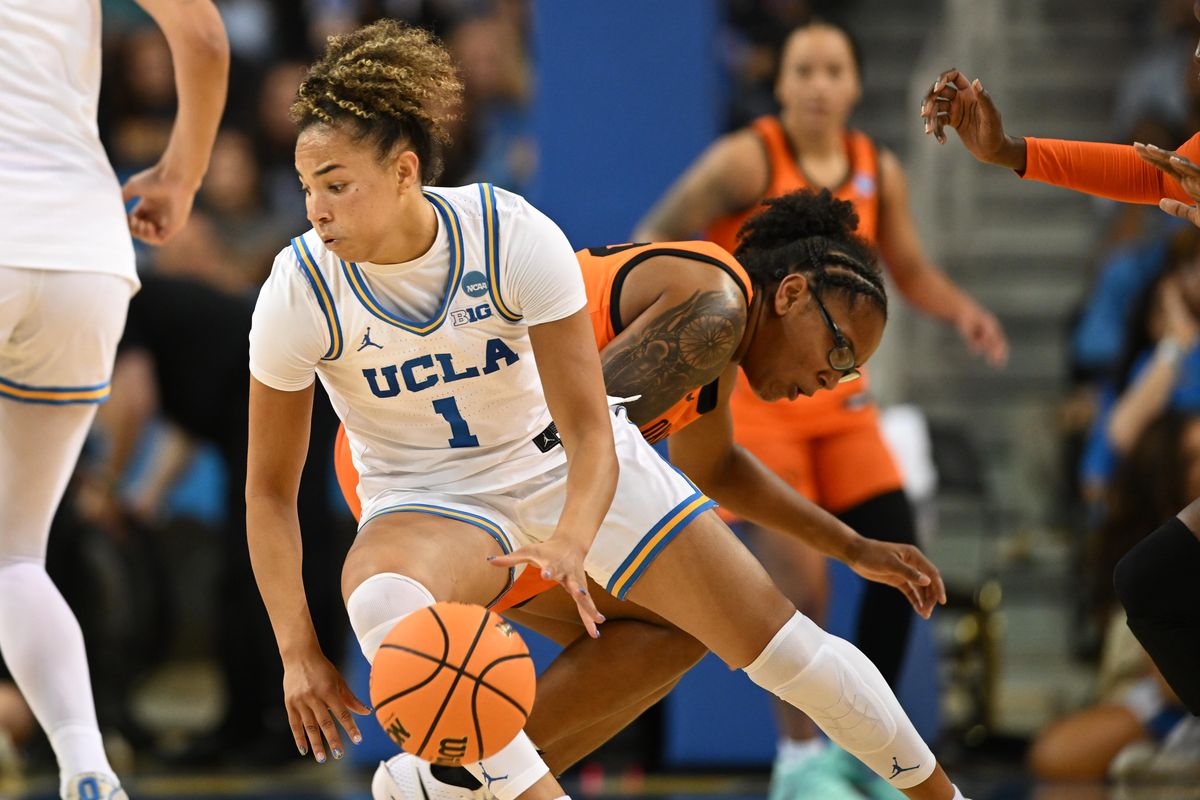 UCLA guard Kiki Rice #1 shakes the defense during an NCAA Women's Basketball game between Oklahoma State University and University of California Los Angeles on Monday, March 23, 2026 at Pauley Pavilion in Los Angeles Calif UCLA guard Kiki Rice #1 shakes the defense during an NCAA Women's Basketball game between Oklahoma State University and University of California Los Angeles on Monday, March 23, 2026 at Pauley Pavilion in Los Angeles Calif
