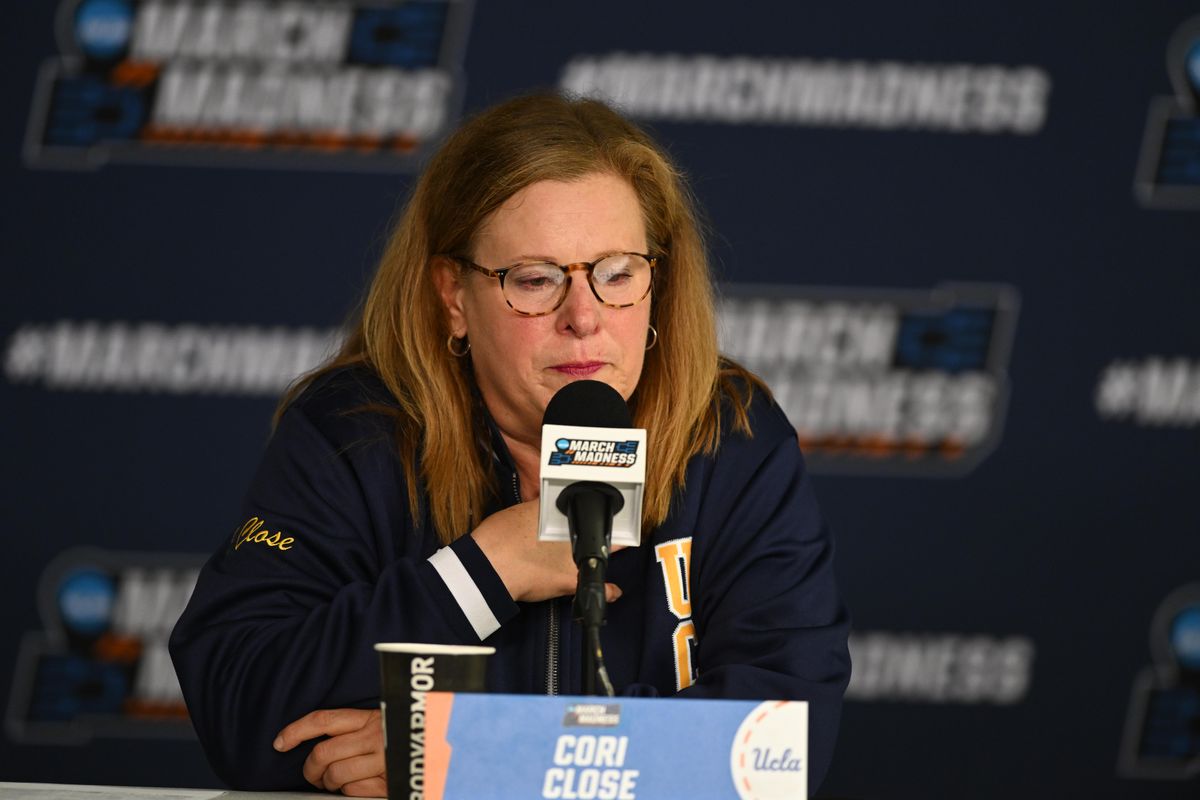UCLA head coach Cori Close speaks to the media after an NCAA Women's Basketball game between Oklahoma State University and University of California Los Angeles on Monday, March 23, 2026 at Pauley Pavilion in Los Angeles Calif UCLA head coach Cori Close speaks to the media after an NCAA Women's Basketball game between Oklahoma State University and University of California Los Angeles on Monday, March 23, 2026 at Pauley Pavilion in Los Angeles Calif