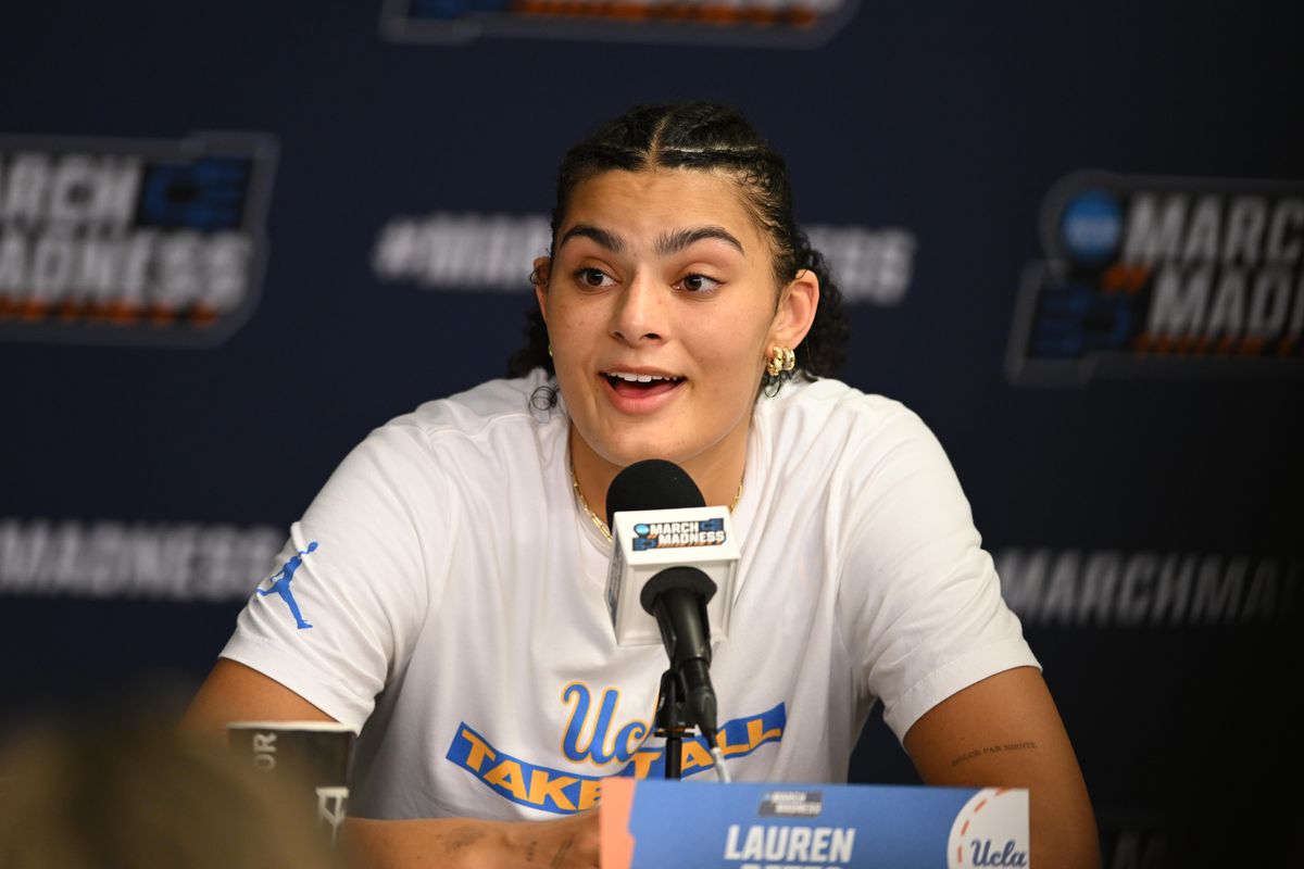 UCLA center Lauren Betts #51 speaks to the media after an NCAA Women's Basketball game between Oklahoma State University and University of California Los Angeles on Monday, March 23, 2026 at Pauley Pavilion in Los Angeles Calif UCLA center Lauren Betts #51 speaks to the media after an NCAA Women's Basketball game between Oklahoma State University and University of California Los Angeles on Monday, March 23, 2026 at Pauley Pavilion in Los Angeles Calif