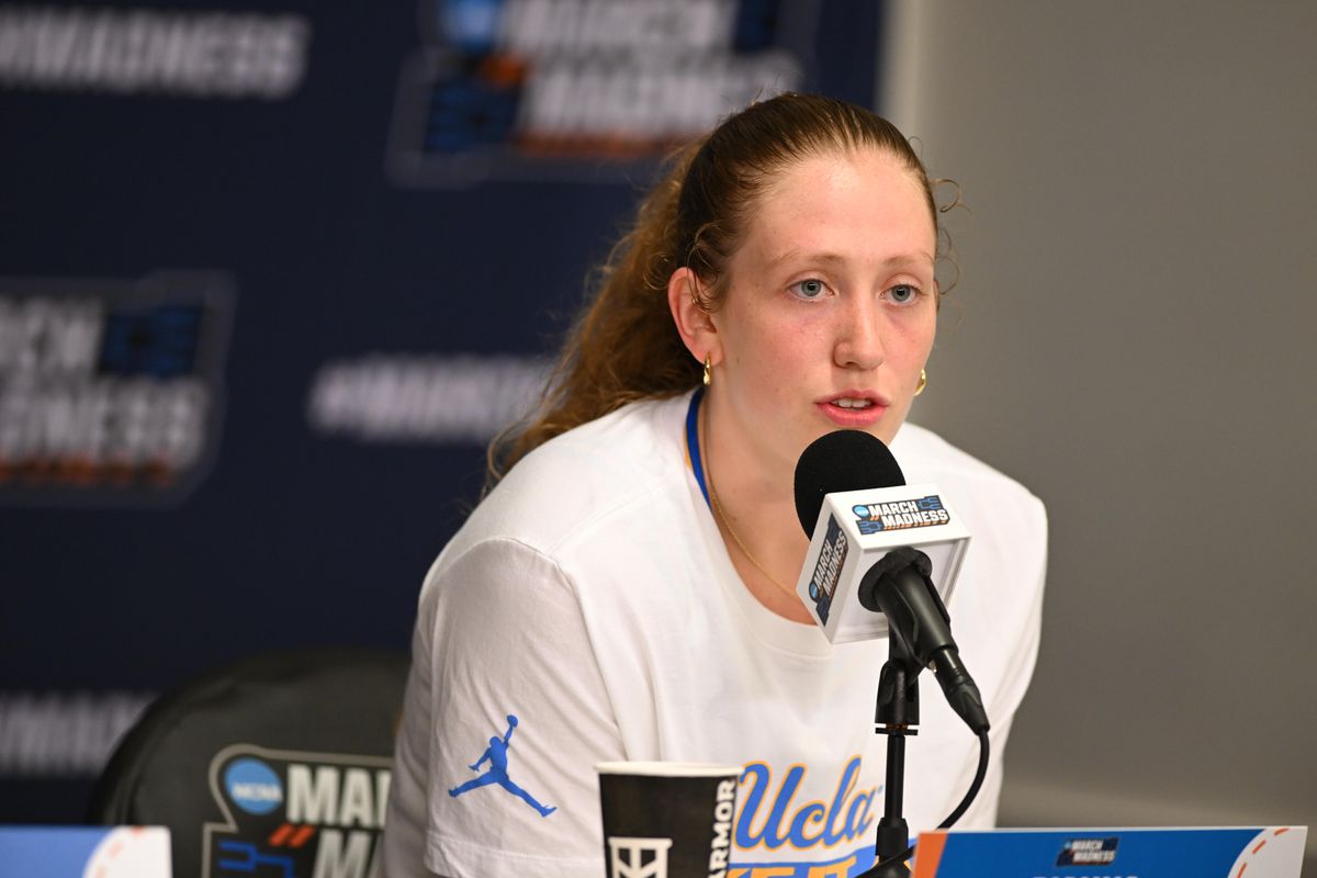 UCLA guard Gianna Kneepkens #8 speaks to the media after an NCAA Women's Basketball game between Oklahoma State University and University of California Los Angeles on Monday, March 23, 2026 at Pauley Pavilion in Los Angeles Calif UCLA guard Gianna Kneepkens #8 speaks to the media after an NCAA Women's Basketball game between Oklahoma State University and University of California Los Angeles on Monday, March 23, 2026 at Pauley Pavilion in Los Angeles Calif