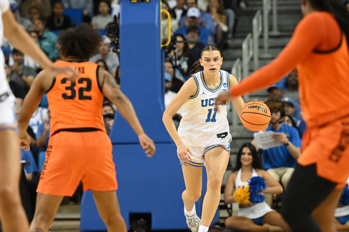 UCLA guard Gabriela Jaquez #11 brings the ball downcourt during an NCAA Women's Basketball game between Oklahoma State University and University of California Los Angeles on Monday, March 23, 2026 at Pauley Pavilion in Los Angeles Calif UCLA guard Gabriela Jaquez #11 brings the ball downcourt during an NCAA Women's Basketball game between Oklahoma State University and University of California Los Angeles on Monday, March 23, 2026 at Pauley Pavilion in Los Angeles Calif