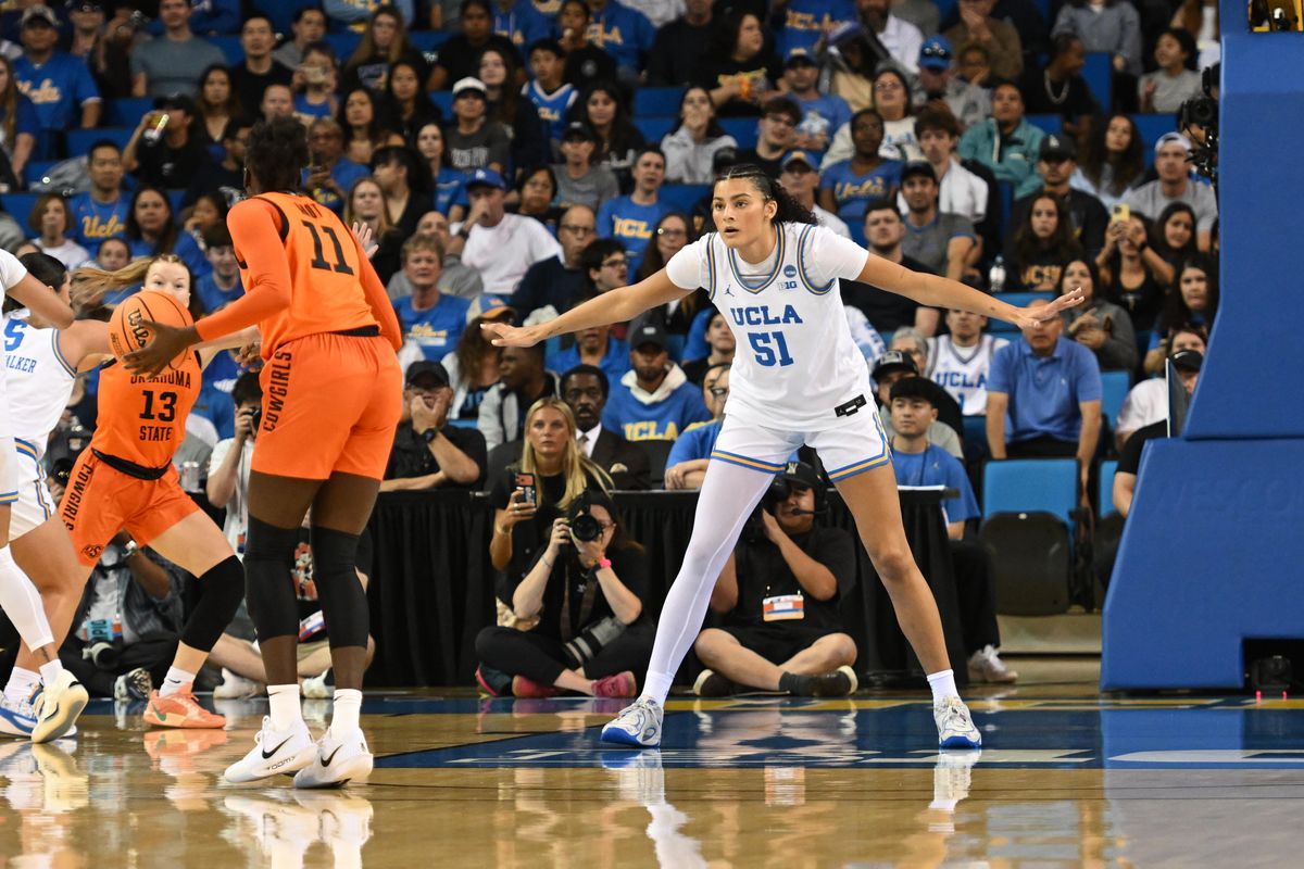 UCLA center Lauren Betts #51 plays defense during an NCAA Women's Basketball game between Oklahoma State University and University of California Los Angeles on Monday, March 23, 2026 at Pauley Pavilion in Los Angeles Calif UCLA center Lauren Betts #51 plays defense during an NCAA Women's Basketball game between Oklahoma State University and University of California Los Angeles on Monday, March 23, 2026 at Pauley Pavilion in Los Angeles Calif