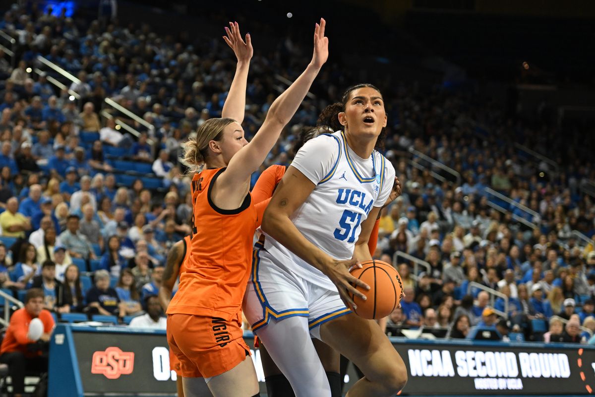 UCLA center Lauren Betts #51 makes a move in the paint during an NCAA Women's Basketball game between Oklahoma State University and University of California Los Angeles on Monday, March 23, 2026 at Pauley Pavilion in Los Angeles Calif UCLA center Lauren Betts #51 makes a move in the paint during an NCAA Women's Basketball game between Oklahoma State University and University of California Los Angeles on Monday, March 23, 2026 at Pauley Pavilion in Los Angeles Calif