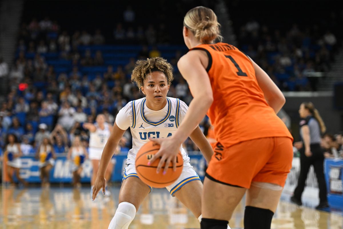 UCLA guard Kiki Rice #1 locks in on defense during an NCAA Women's Basketball game between Oklahoma State University and University of California Los Angeles on Monday, March 23, 2026 at Pauley Pavilion in Los Angeles Calif UCLA guard Kiki Rice #1 locks in on defense during an NCAA Women's Basketball game between Oklahoma State University and University of California Los Angeles on Monday, March 23, 2026 at Pauley Pavilion in Los Angeles Calif
