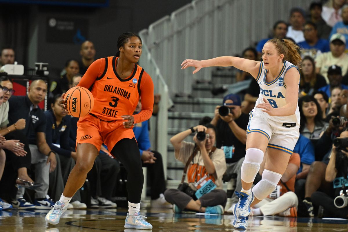 Oklahoma State guard Micah Gray #3 looks for a teammate during an NCAA Women's Basketball game between Oklahoma State University and University of California Los Angeles on Monday, March 23, 2026 at Pauley Pavilion in Los Angeles Calif Oklahoma State guard Micah Gray #3 looks for a teammate during an NCAA Women's Basketball game between Oklahoma State University and University of California Los Angeles on Monday, March 23, 2026 at Pauley Pavilion in Los Angeles Calif