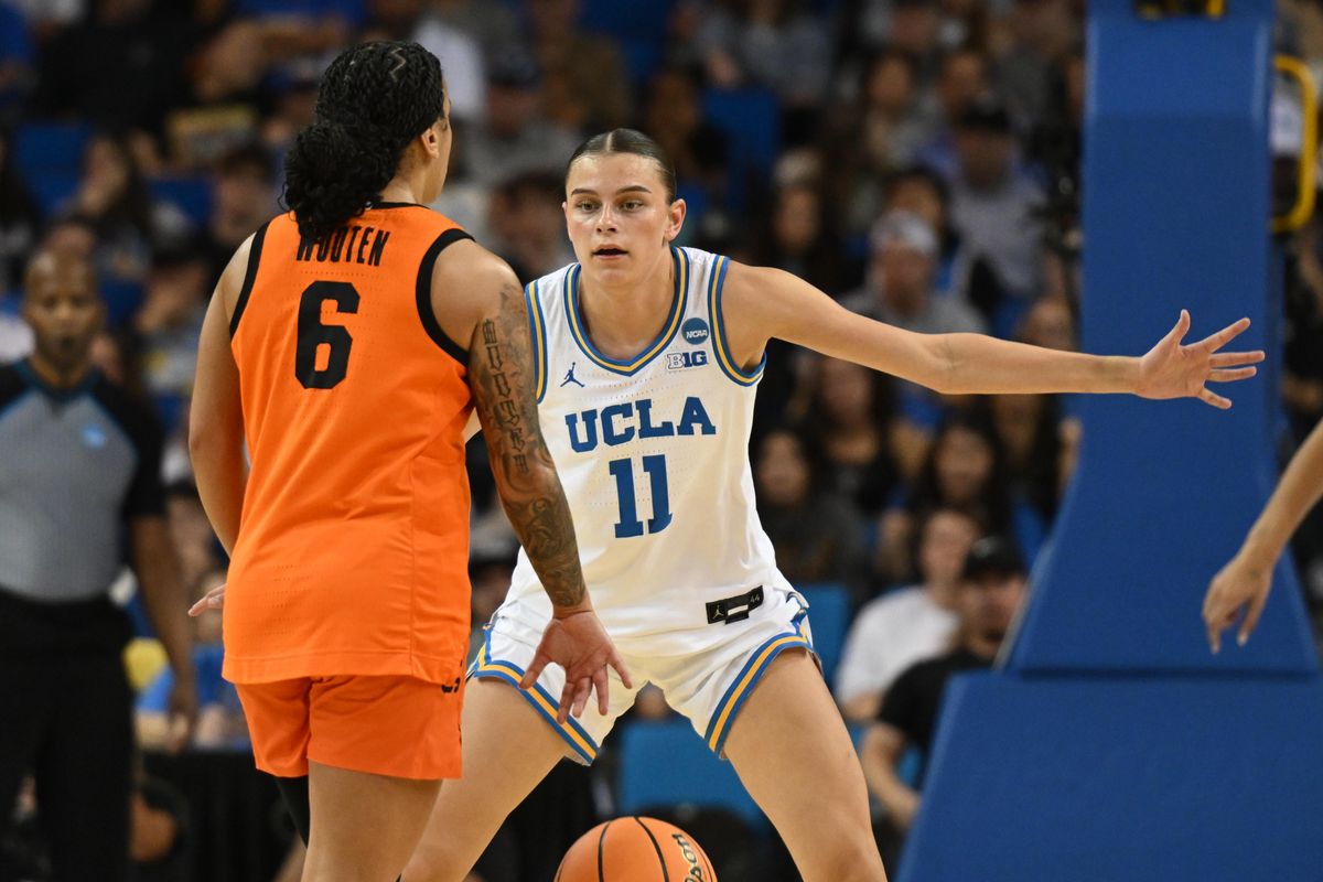 UCLA guard Gabriela Jaquez #11 locks in on defense during an NCAA Women's Basketball game between Oklahoma State University and University of California Los Angeles on Monday, March 23, 2026 at Pauley Pavilion in Los Angeles Calif UCLA guard Gabriela Jaquez #11 locks in on defense during an NCAA Women's Basketball game between Oklahoma State University and University of California Los Angeles on Monday, March 23, 2026 at Pauley Pavilion in Los Angeles Calif
