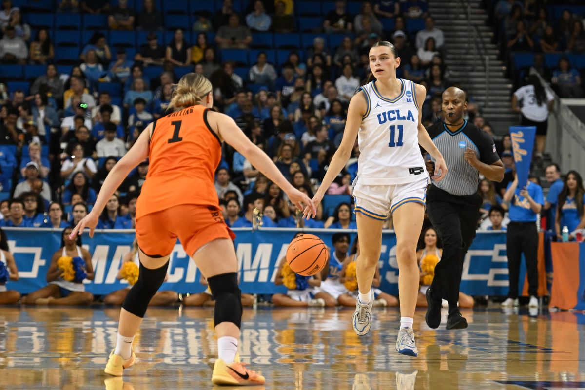 UCLA guard Gabriela Jaquez #11 dribbles the ball during an NCAA Women's Basketball game between Oklahoma State University and University of California Los Angeles on Monday, March 23, 2026 at Pauley Pavilion in Los Angeles Calif UCLA guard Gabriela Jaquez #11 dribbles the ball during an NCAA Women's Basketball game between Oklahoma State University and University of California Los Angeles on Monday, March 23, 2026 at Pauley Pavilion in Los Angeles Calif