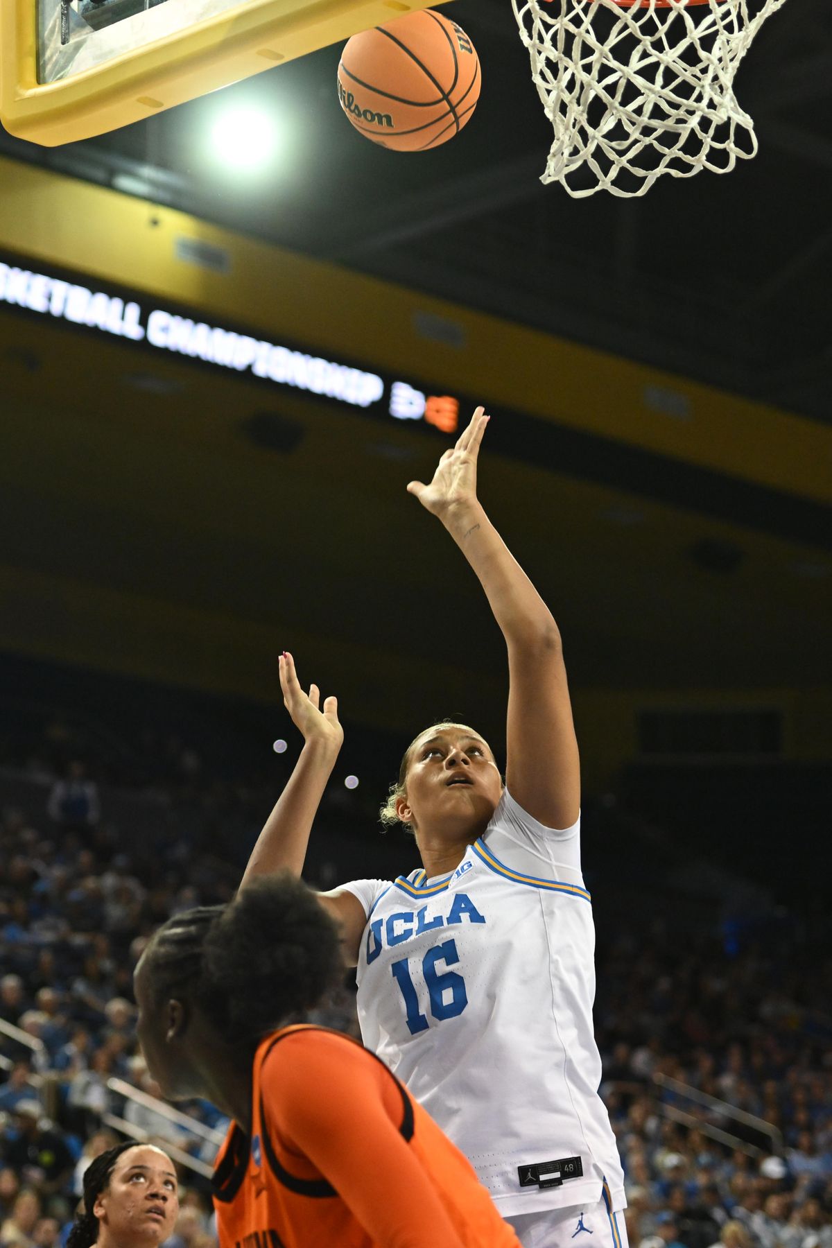 UCLA forward Sienna Betts #16 makes a move under the basket during an NCAA Women's Basketball game between Oklahoma State University and University of California Los Angeles on Monday, March 23, 2026 at Pauley Pavilion in Los Angeles Calif UCLA forward Sienna Betts #16 makes a move under the basket during an NCAA Women's Basketball game between Oklahoma State University and University of California Los Angeles on Monday, March 23, 2026 at Pauley Pavilion in Los Angeles Calif
