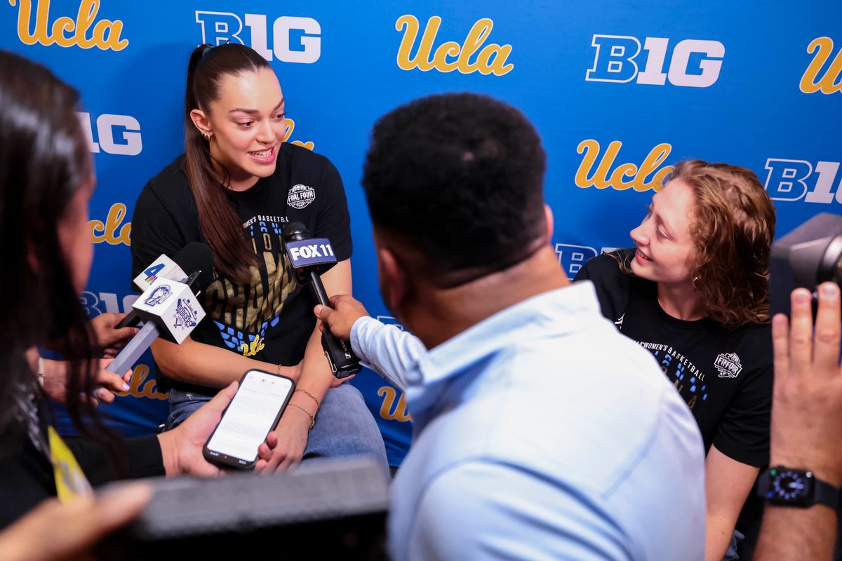 Angela Dugalić and Gianna Kneepkens are interviewed during the celebration for the NCAA Champion UCLA Bruins Women’s basketball team, Wednesday April 8, 2026, in Los Angeles, Calif. Angela Dugalić and Gianna Kneepkens are interviewed during the celebration for the NCAA Champion UCLA Bruins Women’s basketball team, Wednesday April 8, 2026, in Los Angeles, Calif.