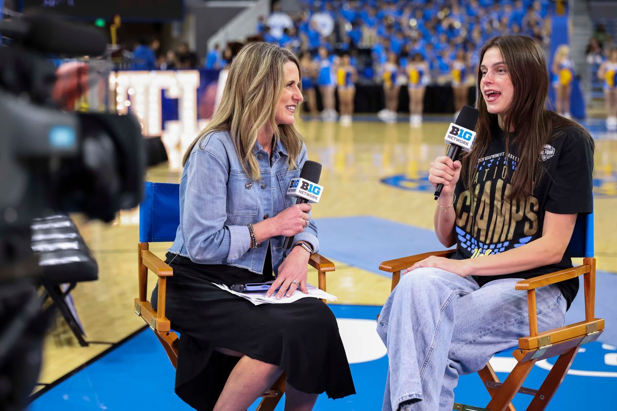 Gabriela Jaquez is interviewed on Big Ten Network during the celebration for the NCAA Champion UCLA Bruins Women’s basketball team, Wednesday April 8, 2026, in Los Angeles, Calif. Gabriela Jaquez is interviewed on Big Ten Network during the celebration for the NCAA Champion UCLA Bruins Women’s basketball team, Wednesday April 8, 2026, in Los Angeles, Calif.
