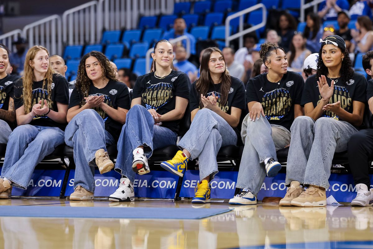 The key UCLA Bruins seniors, Gianna Kneepkens, Charlisse Leger-Walker, Angela Dugalić, Gabriela Jaquez, Kiki Rice, and Lauren Betts look on during the celebration for the NCAA Champion UCLA Bruins Women’s basketball team, Wednesday April 8, 2026, in Los Angeles, Calif. The key UCLA Bruins seniors, Gianna Kneepkens, Charlisse Leger-Walker, Angela Dugalić, Gabriela Jaquez, Kiki Rice, and Lauren Betts look on during the celebration for the NCAA Champion UCLA Bruins Women’s basketball team, Wednesday April 8, 2026, in Los Angeles, Calif.