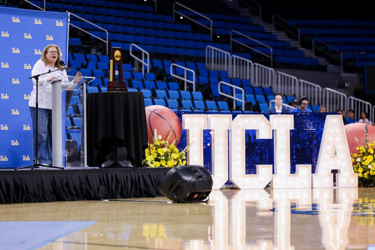 Head coach Cori Close speaks to the crowd during the celebration for the NCAA Champion UCLA Bruins Women’s basketball team, Wednesday April 8, 2026, in Los Angeles, Calif. Head coach Cori Close speaks to the crowd during the celebration for the NCAA Champion UCLA Bruins Women’s basketball team, Wednesday April 8, 2026, in Los Angeles, Calif.