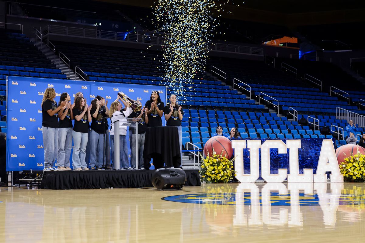 The UCLA Bruins hold up their trophy during the celebration for the NCAA Champion UCLA Bruins Women’s basketball team, Wednesday April 8, 2026, in Los Angeles, Calif. The UCLA Bruins hold up their trophy during the celebration for the NCAA Champion UCLA Bruins Women’s basketball team, Wednesday April 8, 2026, in Los Angeles, Calif.