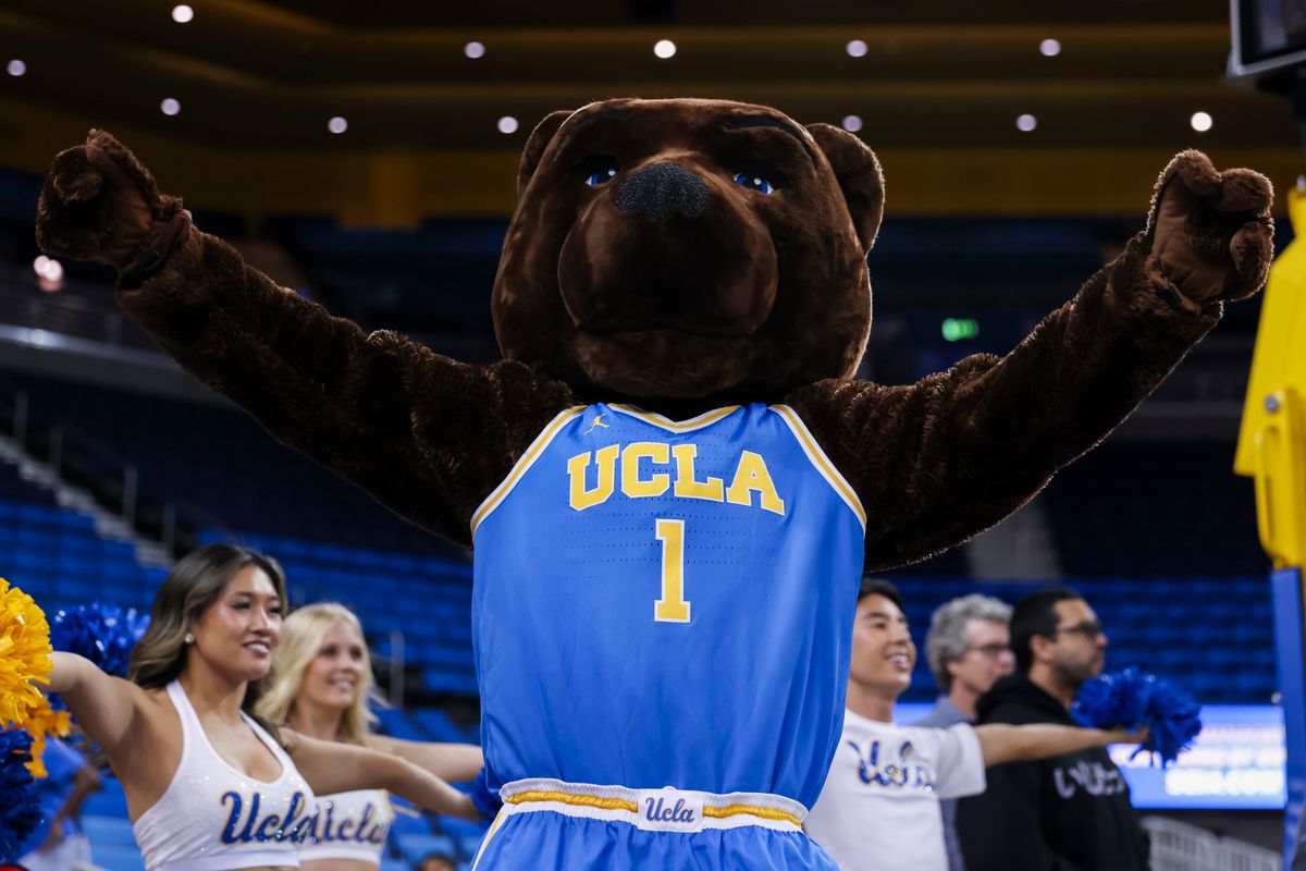 UCLA Bruins mascot Joe Bruin on the court during the celebration for the NCAA Champion UCLA Bruins Women’s basketball team, Wednesday April 8, 2026, in Los Angeles, Calif. UCLA Bruins mascot Joe Bruin on the court during the celebration for the NCAA Champion UCLA Bruins Women’s basketball team, Wednesday April 8, 2026, in Los Angeles, Calif.