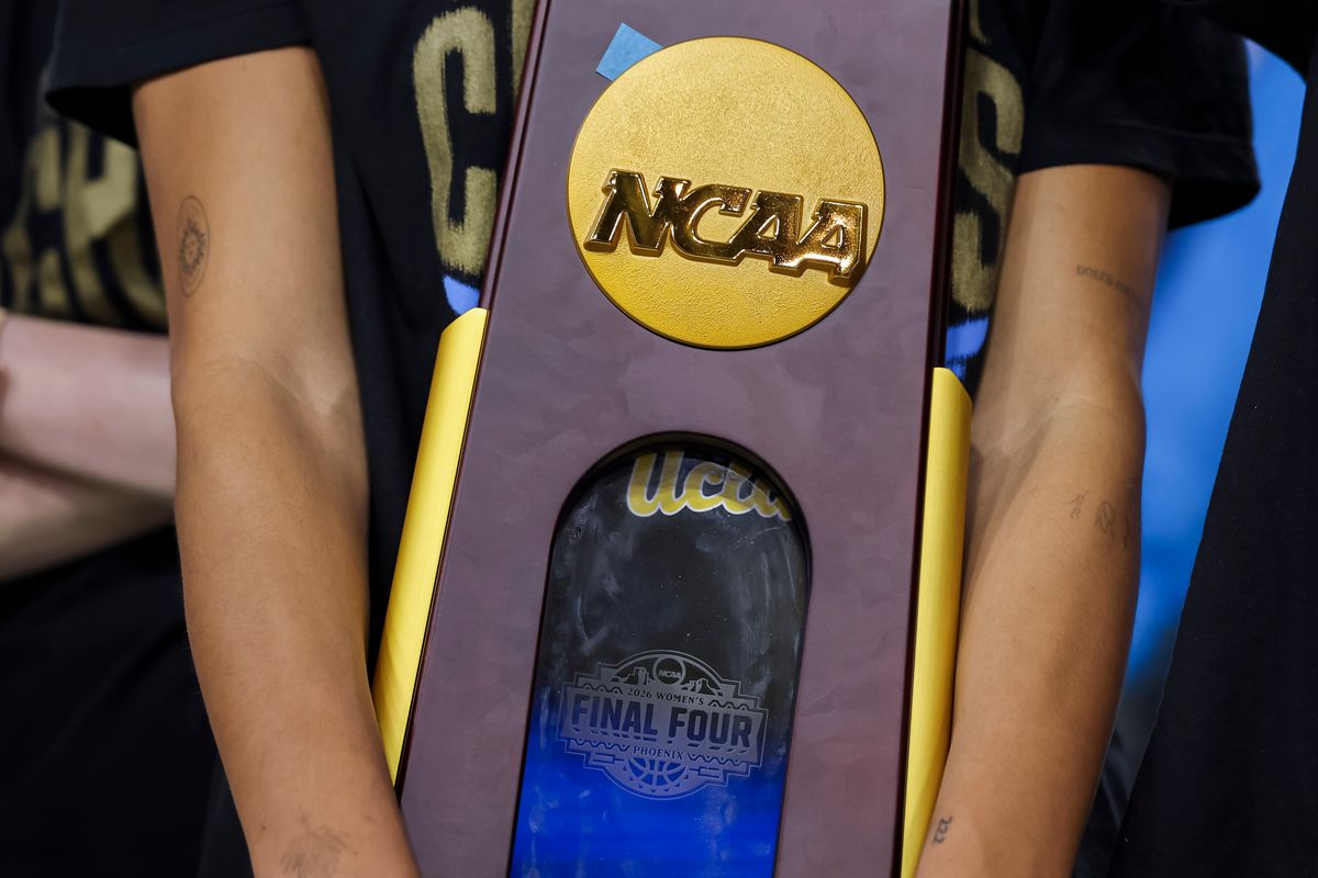 Lauren Betts holds the NCAA National Championship trophy during the celebration for the NCAA Champion UCLA Bruins Women’s basketball team, Wednesday April 8, 2026, in Los Angeles, Calif. Lauren Betts holds the NCAA National Championship trophy during the celebration for the NCAA Champion UCLA Bruins Women’s basketball team, Wednesday April 8, 2026, in Los Angeles, Calif.