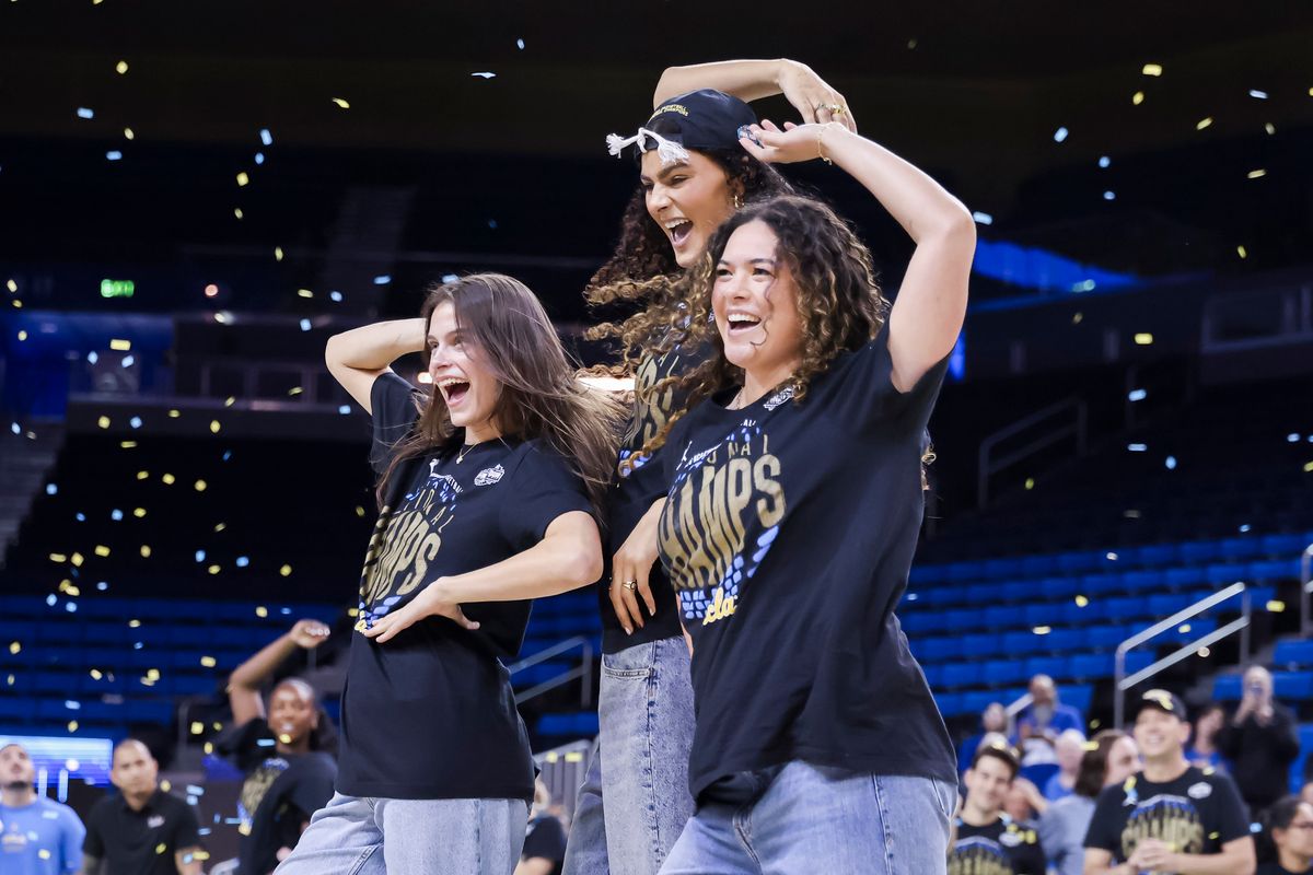 Gabriela Jaquez, Lauren Betts, and Charlisse Leger-Walker dance during the celebration for the NCAA Champion UCLA Bruins Women’s basketball team, Wednesday April 8, 2026, in Los Angeles, Calif. Gabriela Jaquez, Lauren Betts, and Charlisse Leger-Walker dance during the celebration for the NCAA Champion UCLA Bruins Women’s basketball team, Wednesday April 8, 2026, in Los Angeles, Calif.