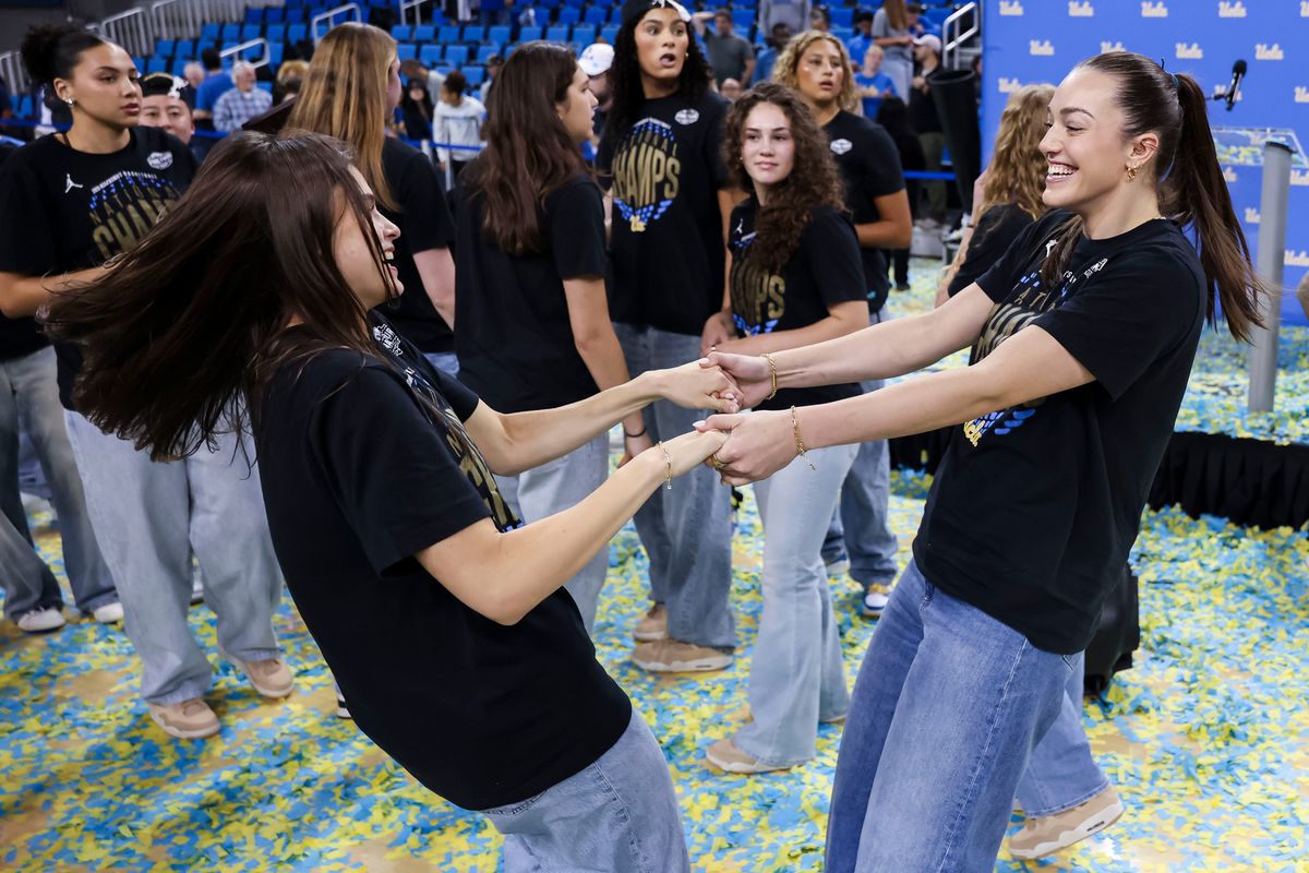 Gabriela Jaquez and Angela Dugalić celebrate during the celebration for the NCAA Champion UCLA Bruins Women’s basketball team, Wednesday April 8, 2026, in Los Angeles, Calif. Gabriela Jaquez and Angela Dugalić celebrate during the celebration for the NCAA Champion UCLA Bruins Women’s basketball team, Wednesday April 8, 2026, in Los Angeles, Calif.