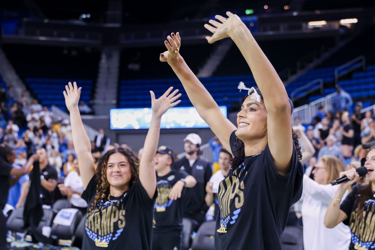Lauren Betts and Charlisse Leger-Walker wave to the crowd during the celebration for the NCAA Champion UCLA Bruins Women’s basketball team, Wednesday April 8, 2026, in Los Angeles, Calif. Lauren Betts and Charlisse Leger-Walker wave to the crowd during the celebration for the NCAA Champion UCLA Bruins Women’s basketball team, Wednesday April 8, 2026, in Los Angeles, Calif.