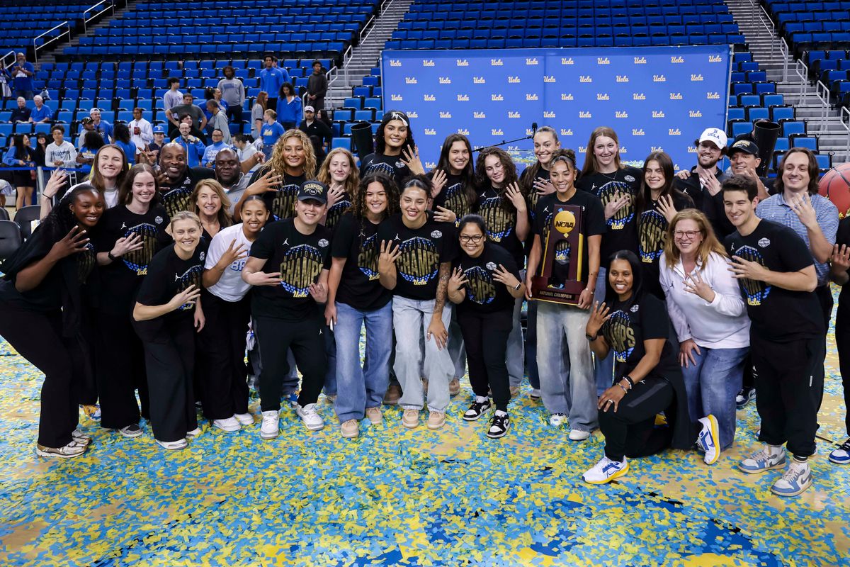 The UCLA Bruins pose for a team picture during the celebration for the NCAA Champion UCLA Bruins Women’s basketball team, Wednesday April 8, 2026, in Los Angeles, Calif. The UCLA Bruins pose for a team picture during the celebration for the NCAA Champion UCLA Bruins Women’s basketball team, Wednesday April 8, 2026, in Los Angeles, Calif.