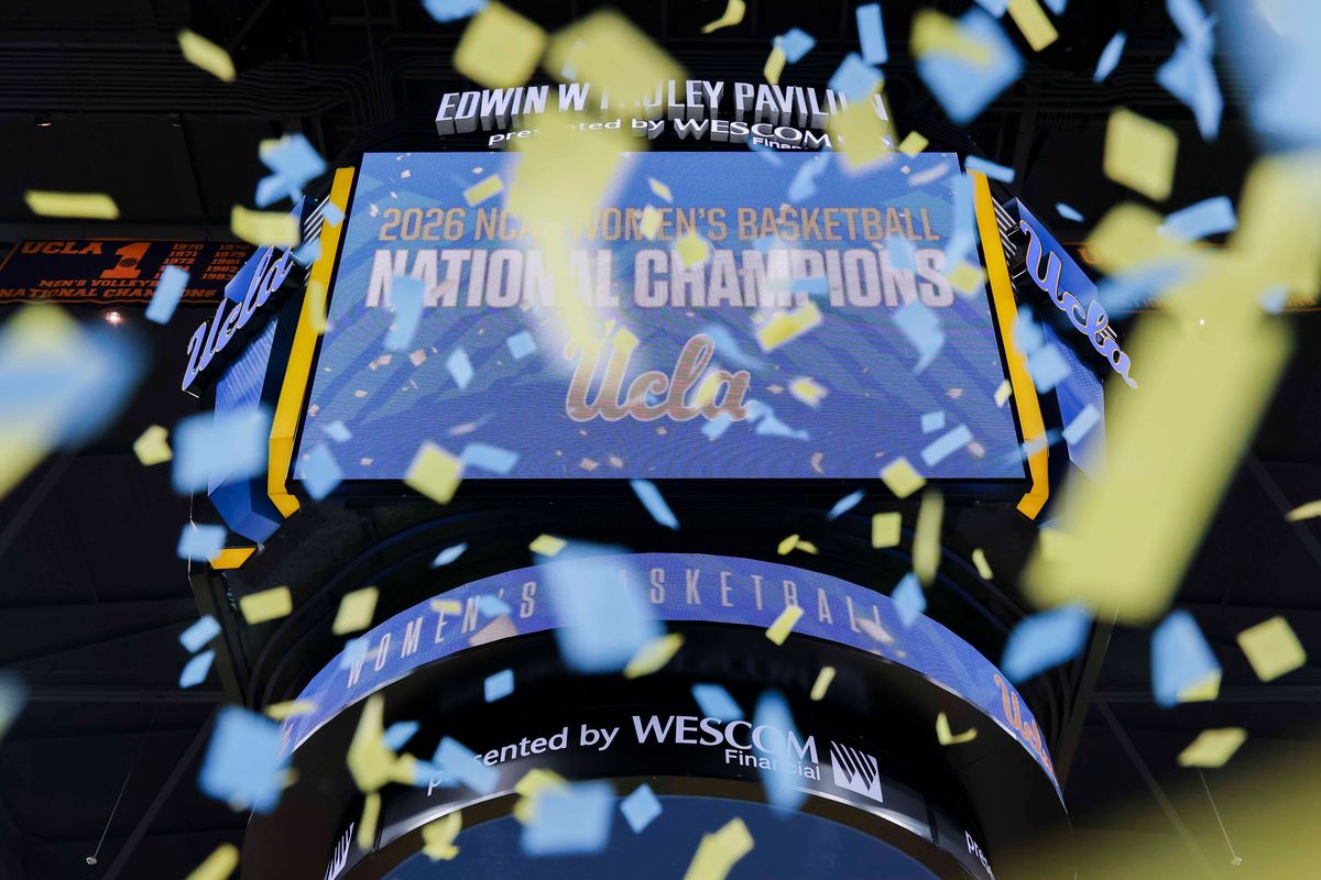 The Pauley Pavilion scoreboard as confetti falls during the celebration for the NCAA Champion UCLA Bruins Women’s basketball team, Wednesday April 8, 2026, in Los Angeles, Calif. The Pauley Pavilion scoreboard as confetti falls during the celebration for the NCAA Champion UCLA Bruins Women’s basketball team, Wednesday April 8, 2026, in Los Angeles, Calif.