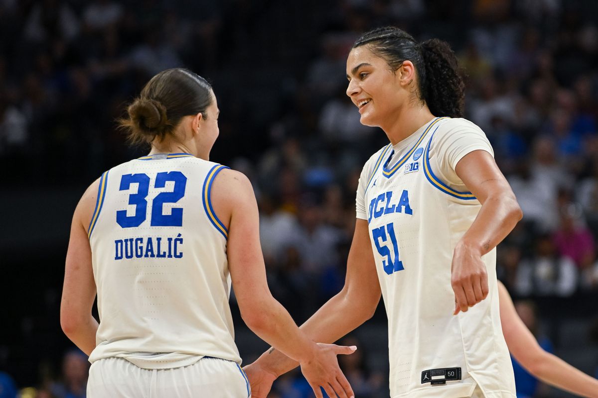 UCLA Bruins forward Angela Dugalić (32) and center Lauren Betts (51) celebrate after defeating the Duke Blue Devils in an Elite Eight game in the Sacramento Regional 4 of the women's 2026 NCAA Tournament at the Golden 1 Center. UCLA Bruins forward Angela Dugalić (32) and center Lauren Betts (51) celebrate after defeating the Duke Blue Devils in an Elite Eight game in the Sacramento Regional 4 of the women's 2026 NCAA Tournament at the Golden 1 Center.