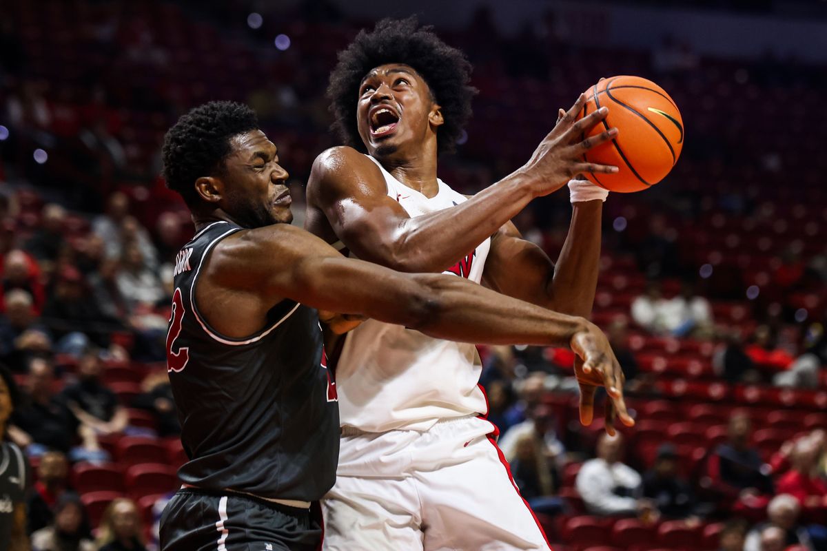 UNLV Runnin' Rebels F Jacob Bannarbie (10) drives towards the basket during an NCAA basketball game against the Saint Joseph's Hawks on Thursday November 20, 2025, in Las Vegas, Nevada. UNLV Runnin' Rebels F Jacob Bannarbie (10) drives towards the basket during an NCAA basketball game against the Saint Joseph's Hawks on Thursday November 20, 2025, in Las Vegas, Nevada.