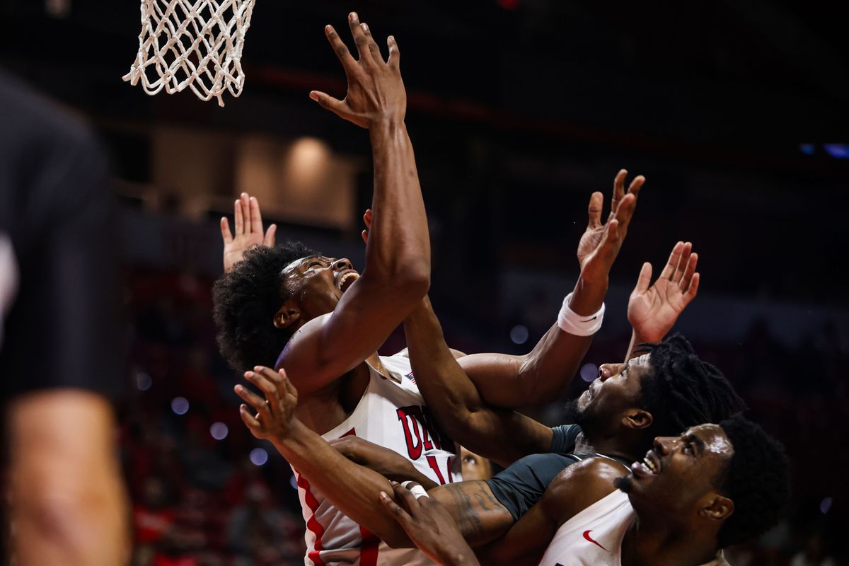 UNLV Runnin' Rebels F Jacob Bannarbie (10) attempts a shot during an NCAA basketball game against the Saint Joseph's Hawks on Thursday November 20, 2025, in Las Vegas, Nevada. UNLV Runnin' Rebels F Jacob Bannarbie (10) attempts a shot during an NCAA basketball game against the Saint Joseph's Hawks on Thursday November 20, 2025, in Las Vegas, Nevada.