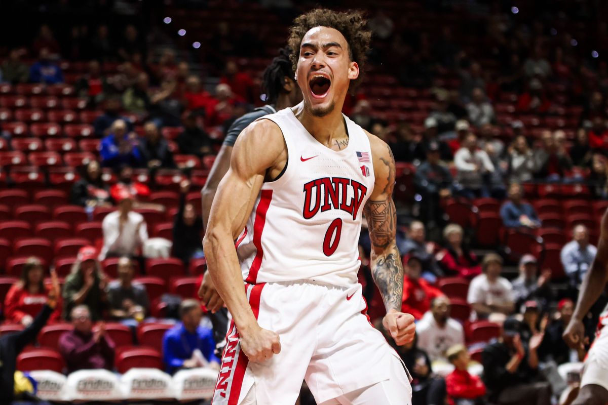 UNLV Runnin' Rebels G Dravyn Gibbs-Lawhorn (0) celebrates after scoring a dunk during an NCAA basketball game against the Saint Joseph's Hawks on Thursday November 20, 2025, in Las Vegas, Nevada. UNLV Runnin' Rebels G Dravyn Gibbs-Lawhorn (0) celebrates after scoring a dunk during an NCAA basketball game against the Saint Joseph's Hawks on Thursday November 20, 2025, in Las Vegas, Nevada.
