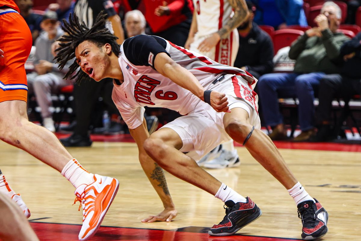 UNLV Runnin' Rebels F Tyrin Jones (6) reacts after a non-call during a college basketball game against the Boise State Broncos on Tuesday January 13, 2026, in Las Vegas, Nevada. UNLV Runnin' Rebels F Tyrin Jones (6) reacts after a non-call during a college basketball game against the Boise State Broncos on Tuesday January 13, 2026, in Las Vegas, Nevada.