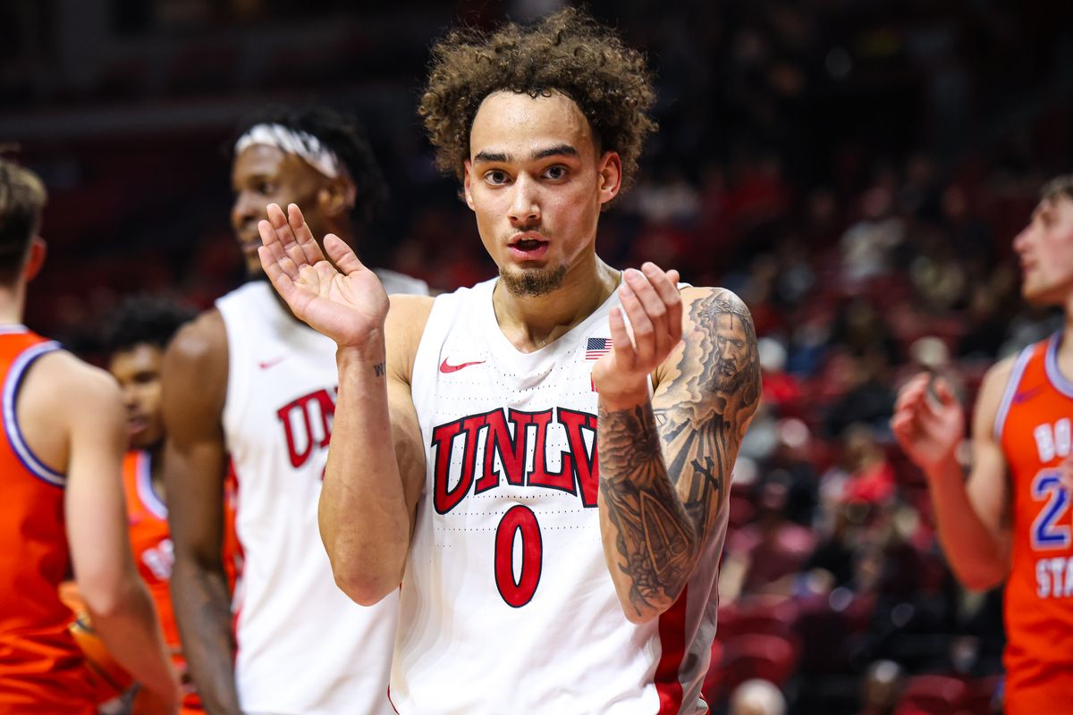 UNLV Runnin' Rebels G Dravyn Gibbs-Lawhorn (0) reacts after drawing a foul during a college basketball game against the Boise State Broncos on Tuesday January 13, 2026, in Las Vegas, Nevada. UNLV Runnin' Rebels G Dravyn Gibbs-Lawhorn (0) reacts after drawing a foul during a college basketball game against the Boise State Broncos on Tuesday January 13, 2026, in Las Vegas, Nevada.