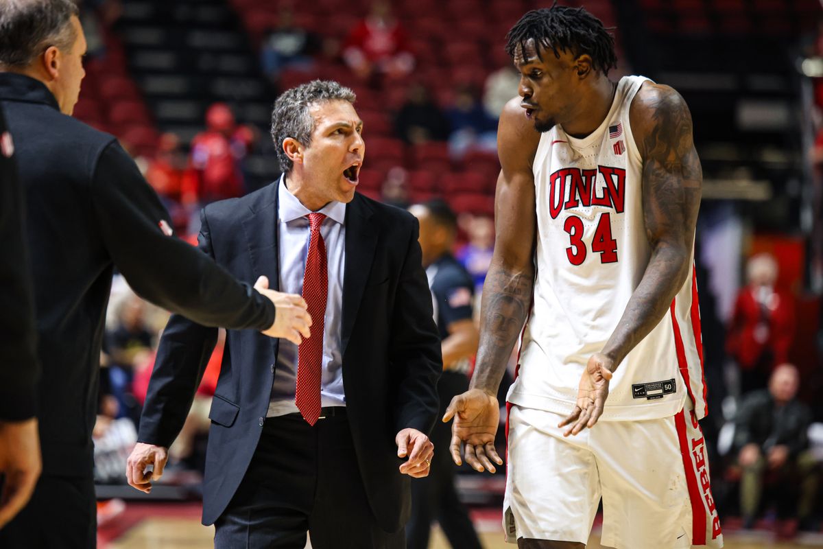 UNLV Runnin' Rebels Head Coach Josh Pastner and UNLV Runnin' Rebels C Emmanuel Stephen (34) converse after Stephen committed a technical foul during a college basketball game against the Boise State Broncos on Tuesday January 13, 2026, in Las Vegas, Nevada. UNLV Runnin' Rebels Head Coach Josh Pastner and UNLV Runnin' Rebels C Emmanuel Stephen (34) converse after Stephen committed a technical foul during a college basketball game against the Boise State Broncos on Tuesday January 13, 2026, in Las Vegas, Nevada.