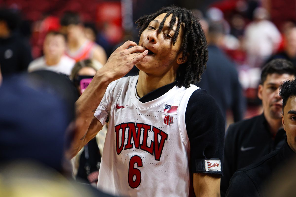 UNLV Runnin' Rebels F Tyrin Jones (6) celebrates after defeating the Boise State Broncos on Tuesday January 13, 2026, in Las Vegas, Nevada. UNLV Runnin' Rebels F Tyrin Jones (6) celebrates after defeating the Boise State Broncos on Tuesday January 13, 2026, in Las Vegas, Nevada.