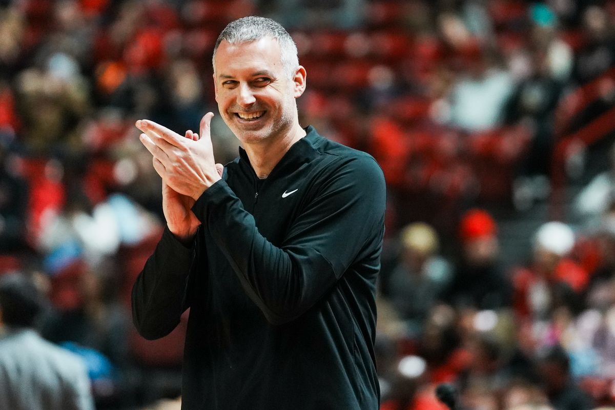 New Mexico coach Eric Olen celebrates after his team executes a play successfully during first half of college basketball game against UNLV on Tuesday, January 27, 2026 at Thomas & Mack Arena in Las Vegas. New Mexico coach Eric Olen celebrates after his team executes a play successfully during first half of college basketball game against UNLV on Tuesday, January 27, 2026 at Thomas & Mack Arena in Las Vegas.