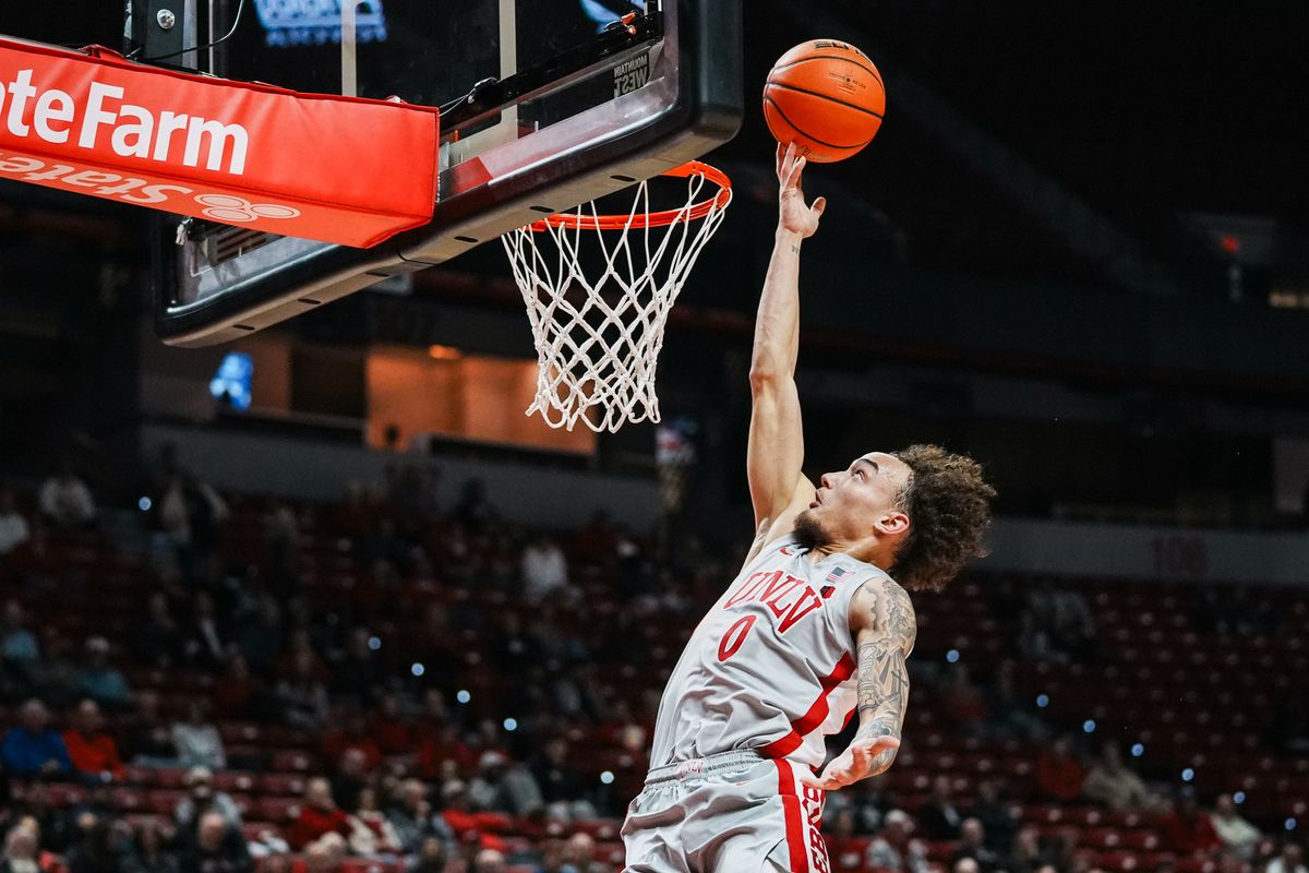 UNLV guard Dray Gibbs-Lawhorn (0) attempts a layup during first half of college basketball game against New Mexico on Tuesday, January 27, 2026 at Thomas & Mack Arena in Las Vegas. UNLV guard Dray Gibbs-Lawhorn (0) attempts a layup during first half of college basketball game against New Mexico on Tuesday, January 27, 2026 at Thomas & Mack Arena in Las Vegas.