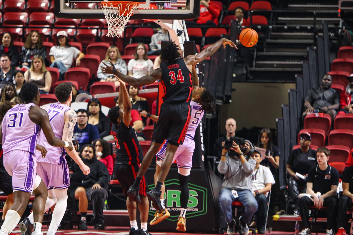 UNLV Runnin' Rebels C Emmanuel Stephen (34) blocks a Grand Canyon Antelopes shot attempt on Saturday February 7, 2026, in Las Vegas, Nevada. UNLV Runnin' Rebels C Emmanuel Stephen (34) blocks a Grand Canyon Antelopes shot attempt on Saturday February 7, 2026, in Las Vegas, Nevada.
