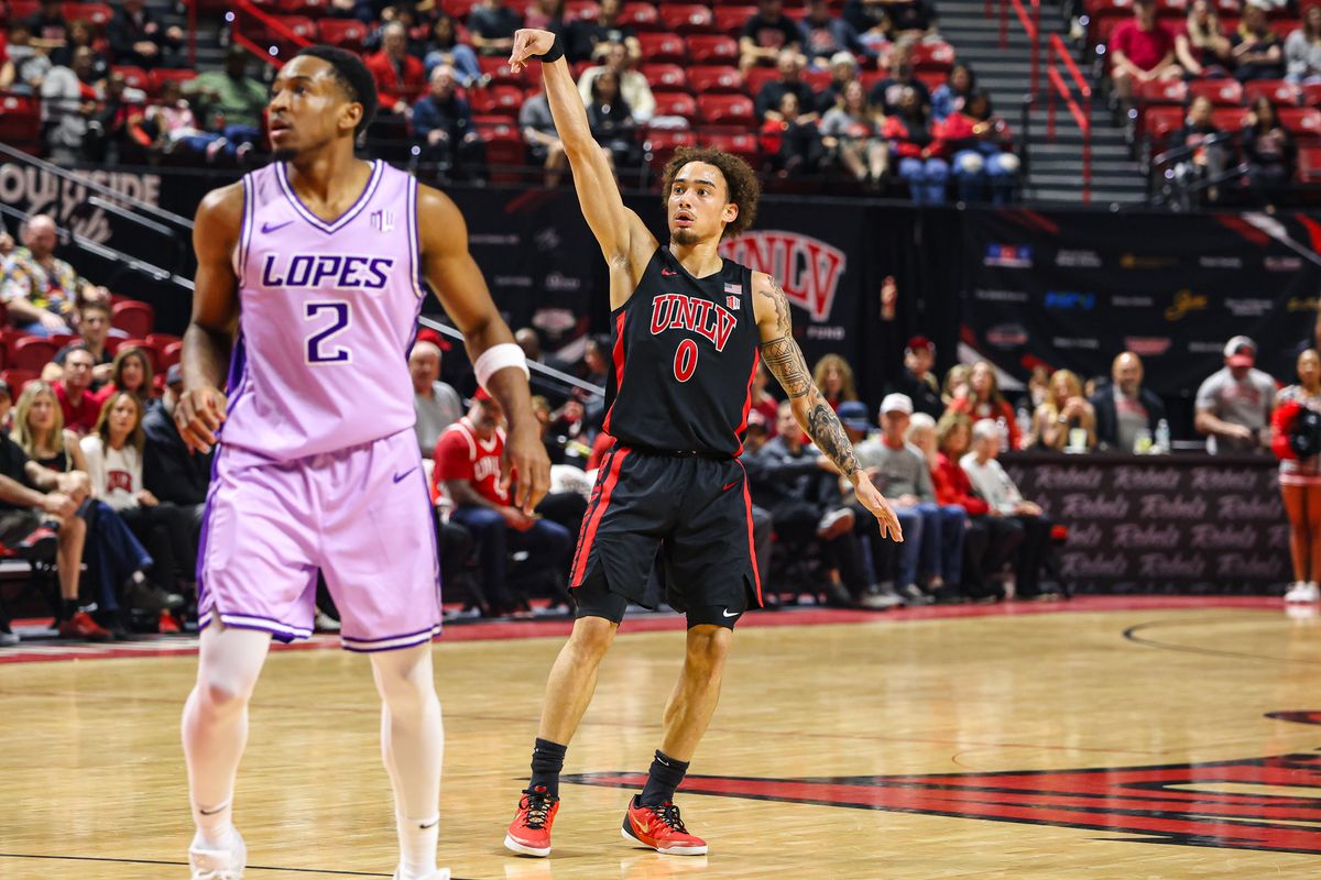 UNLV Runnin' Rebels G Dravyn Gibbs-Lawhorn (0) watches his three-point attempt against the Grand Canyon Antelopes on Saturday February 7, 2026, in Las Vegas, Nevada. UNLV Runnin' Rebels G Dravyn Gibbs-Lawhorn (0) watches his three-point attempt against the Grand Canyon Antelopes on Saturday February 7, 2026, in Las Vegas, Nevada.