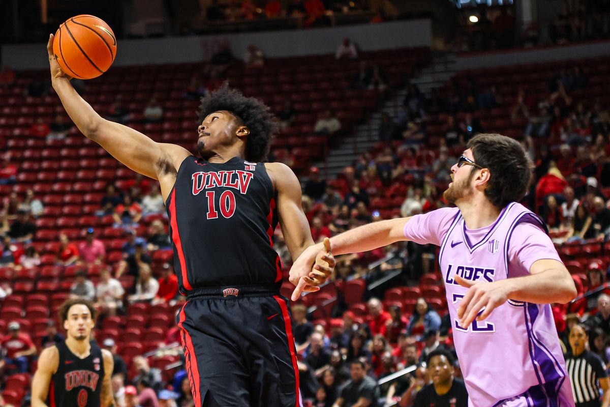 UNLV Runnin' Rebels F Jacob Bannarbie (10) collects a rebound during a college basketball game against the Grand Canyon Antelopes on Saturday February 7, 2026, in Las Vegas, Nevada. UNLV Runnin' Rebels F Jacob Bannarbie (10) collects a rebound during a college basketball game against the Grand Canyon Antelopes on Saturday February 7, 2026, in Las Vegas, Nevada.