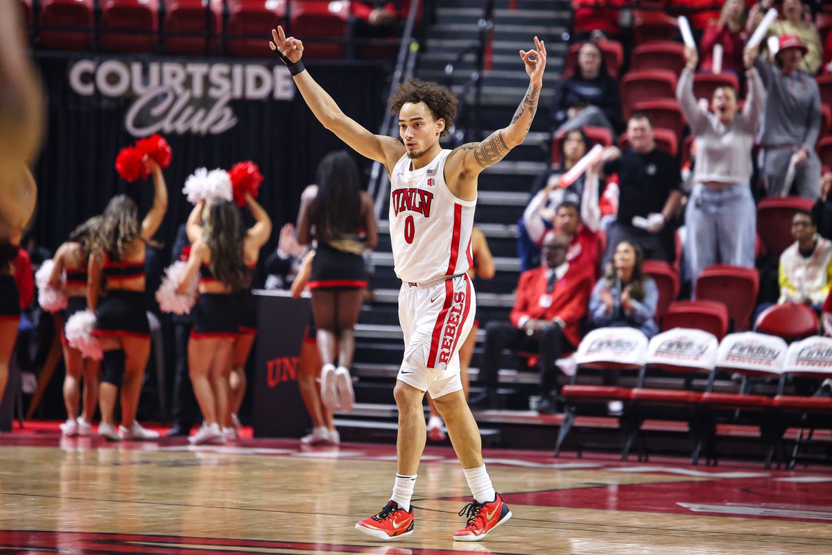 UNLV Runnin' Rebels G Dravyn Gibbs-Lawhorn (0) reacts after his teammate scores a three-point basket against the San Jose State Spartans on Tuesday February 10, 2026, in Las Vegas, Nevada. UNLV Runnin' Rebels G Dravyn Gibbs-Lawhorn (0) reacts after his teammate scores a three-point basket against the San Jose State Spartans on Tuesday February 10, 2026, in Las Vegas, Nevada.