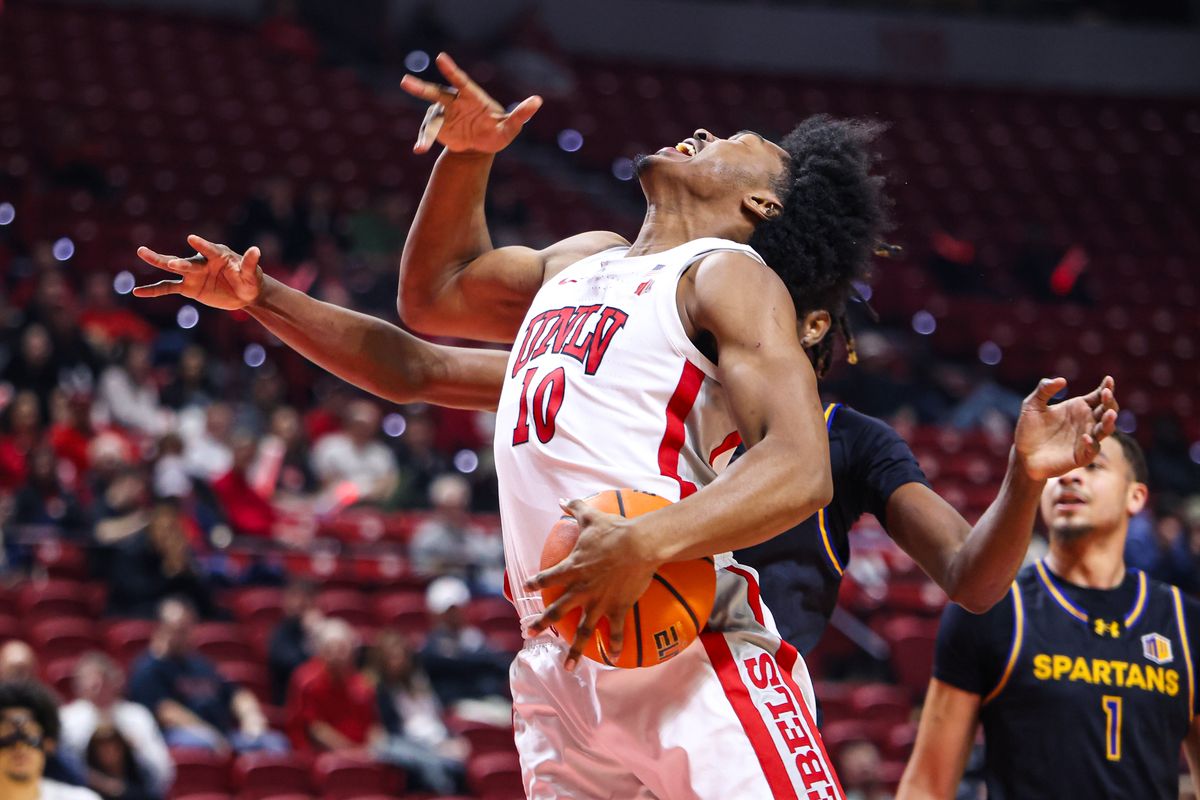 UNLV Runnin' Rebels F Jacob Bannarbie (10) reacts after getting fouled by a San Jose State Spartans player on Tuesday February 10, 2026, in Las Vegas, Nevada. UNLV Runnin' Rebels F Jacob Bannarbie (10) reacts after getting fouled by a San Jose State Spartans player on Tuesday February 10, 2026, in Las Vegas, Nevada.